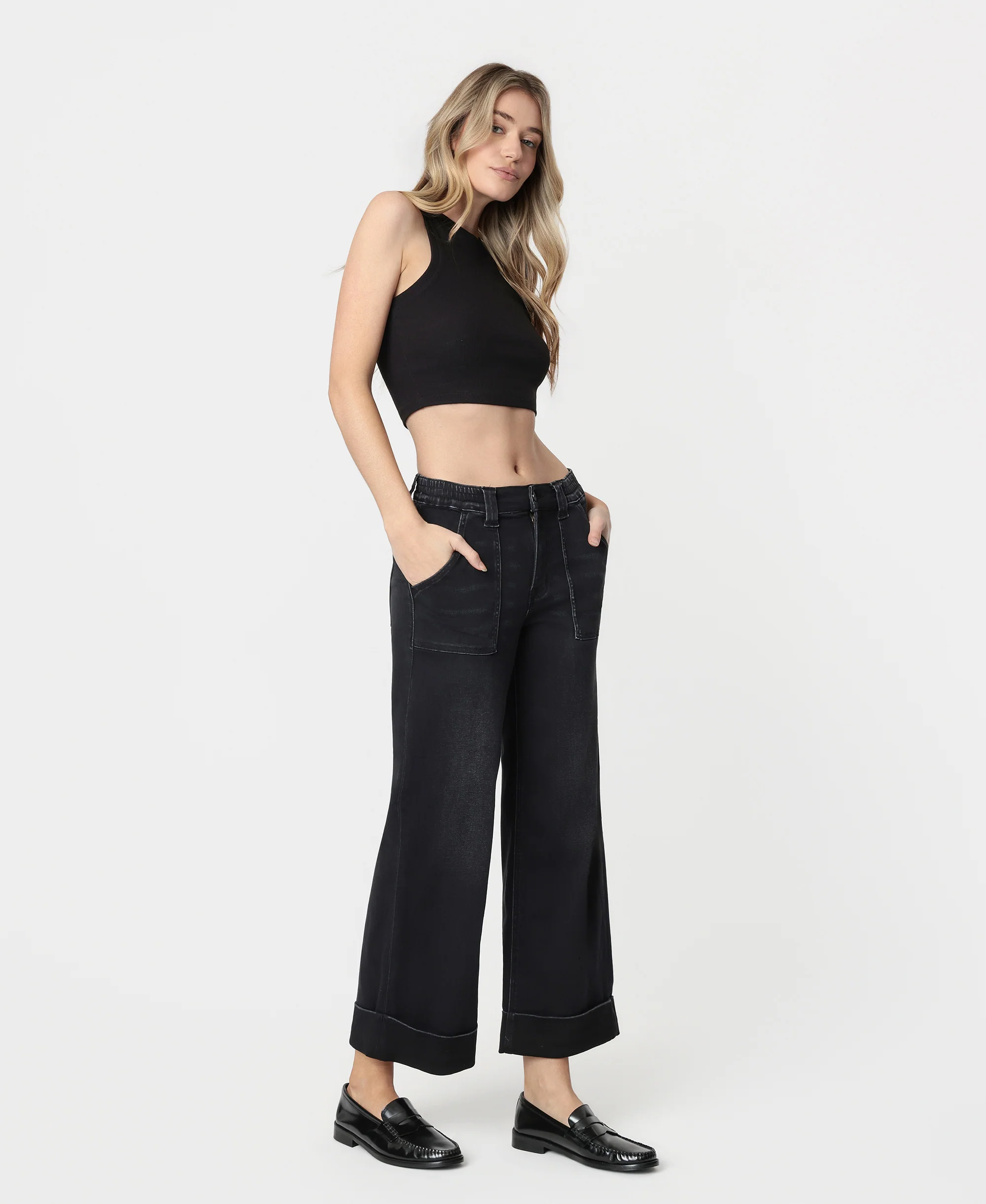 Black - High Rise Cuffed Baggy Wide Leg Jeans - Image 4