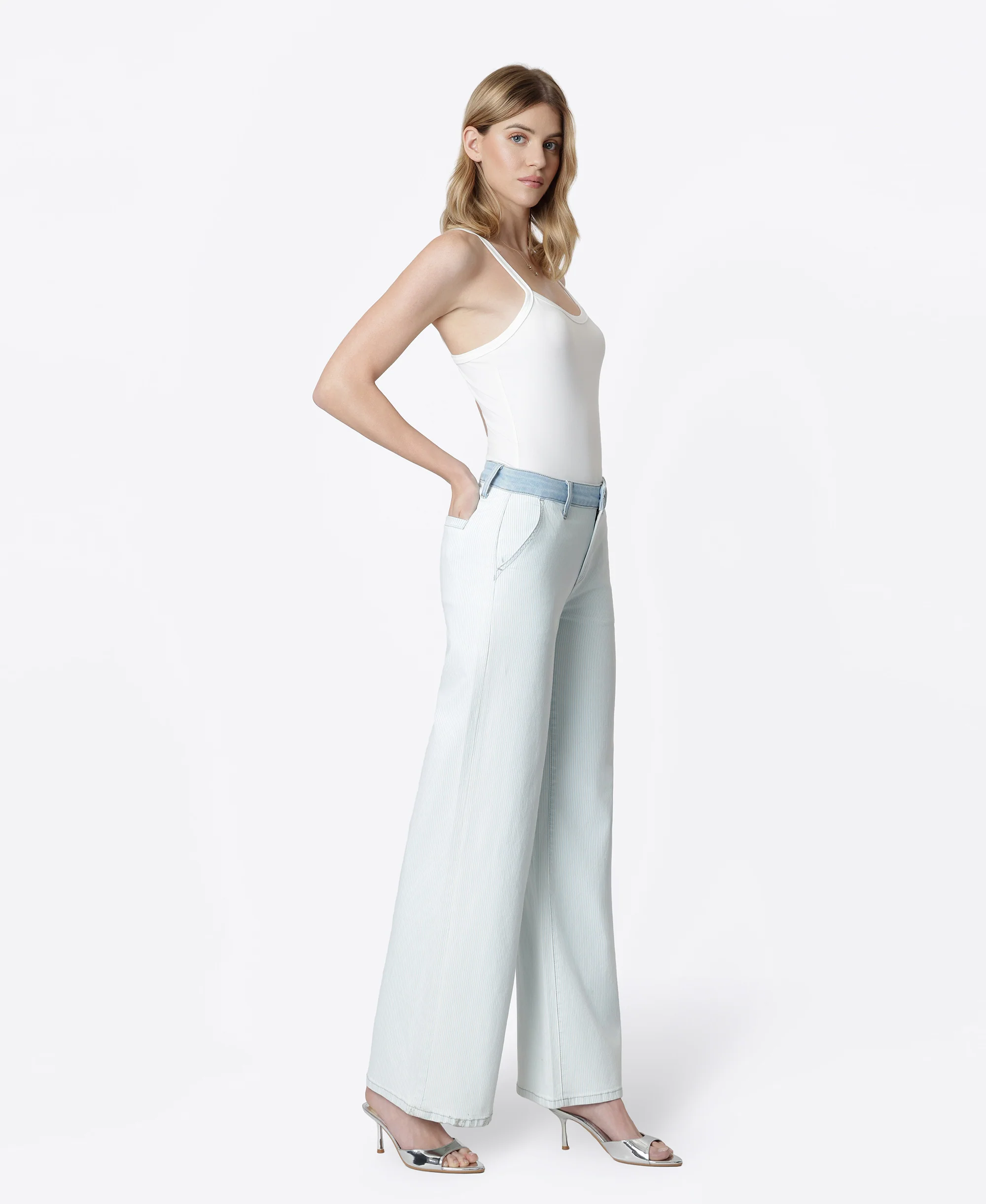 Castle Rock - High Rise Contrast WB Striped Wide Leg Jeans - Image 4