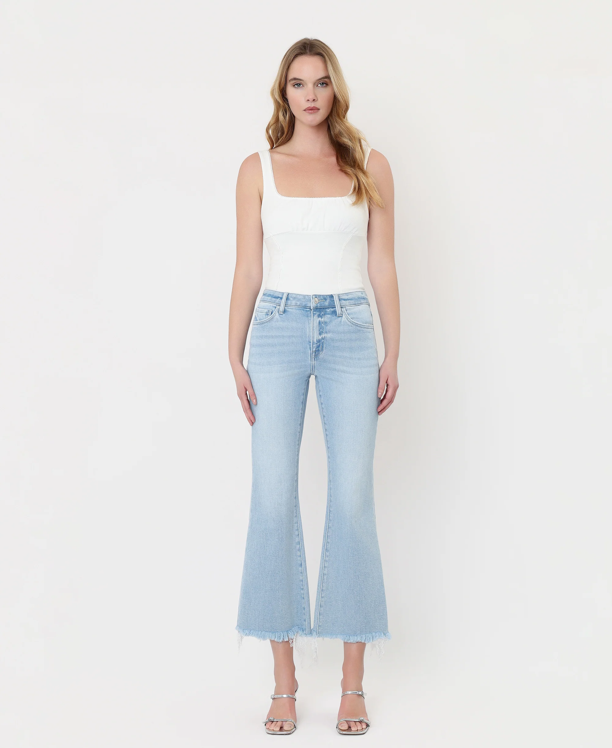 Charm - High Rise Uneven Frayed Hem Crop Easy Flare Jeans