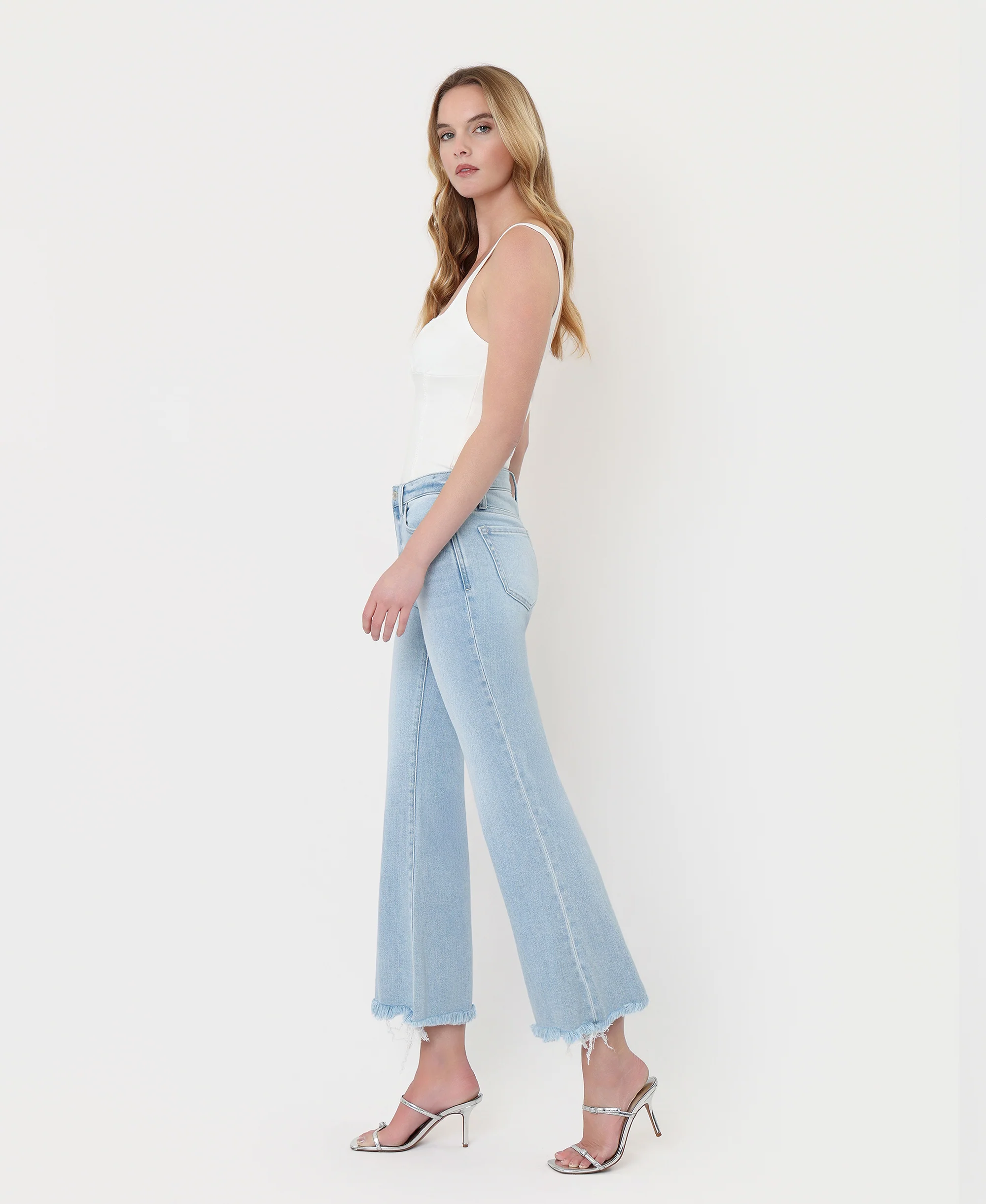 Charm - High Rise Uneven Frayed Hem Crop Easy Flare Jeans - Image 3