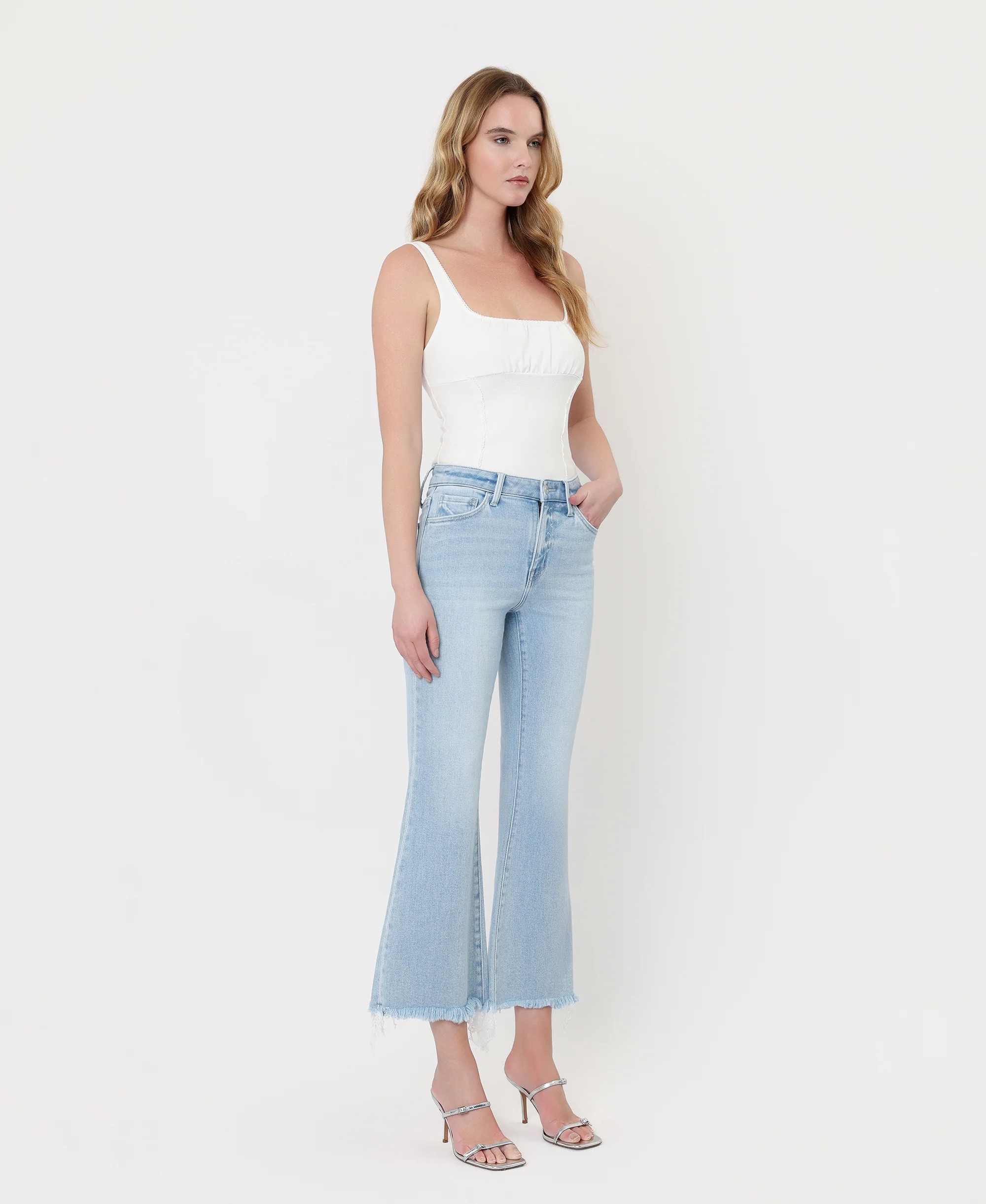 Charm - High Rise Uneven Frayed Hem Crop Easy Flare Jeans - Image 4