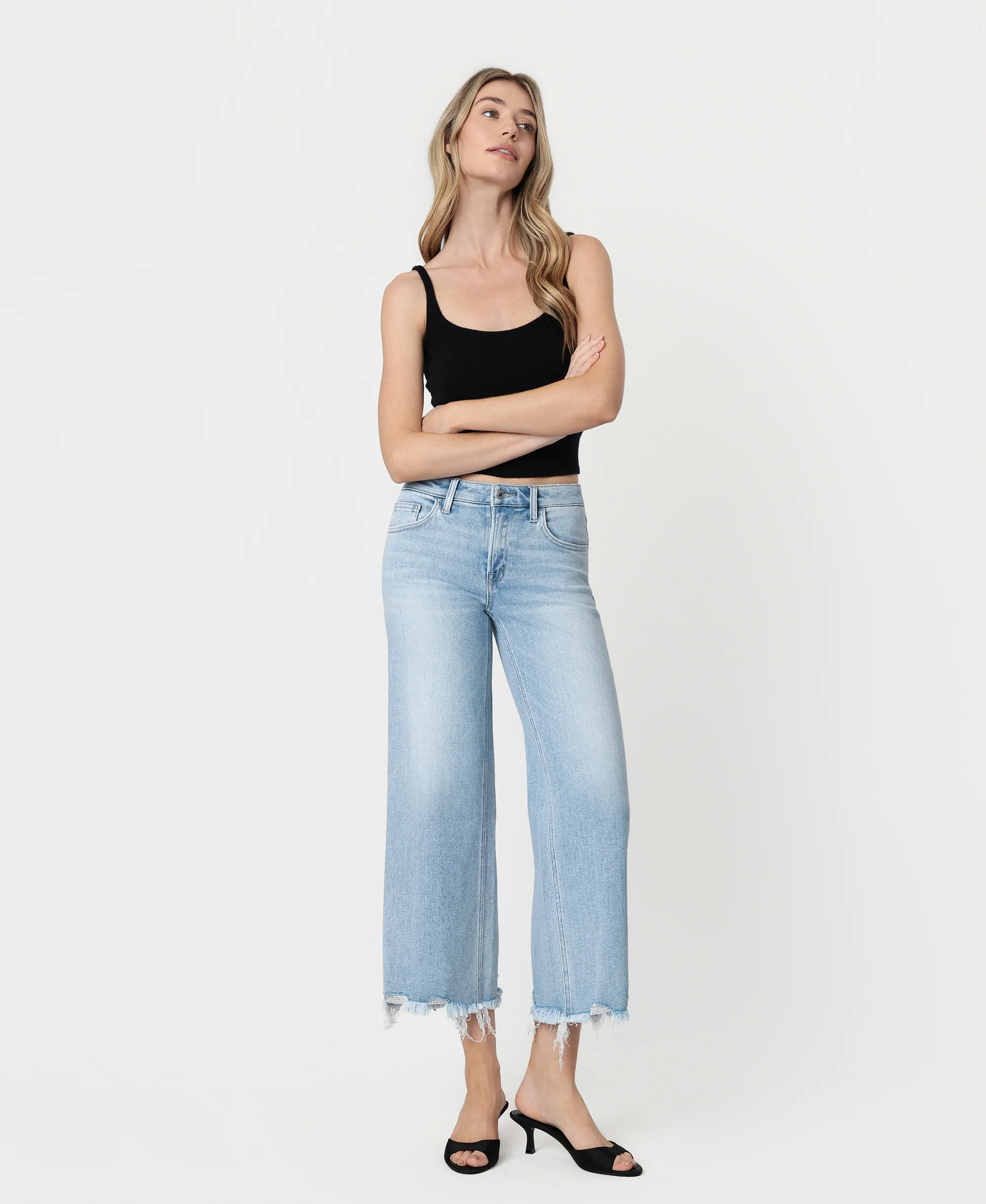 Charming - Mid Rise Raw Distressed Hem Wide Leg Jeans