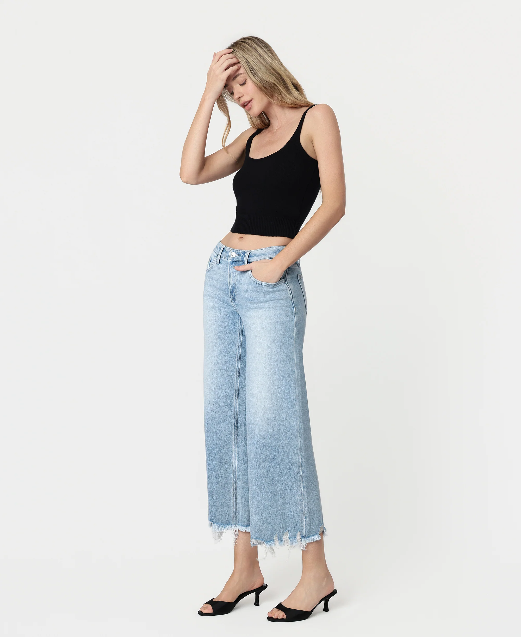 Charming - Mid Rise Raw Distressed Hem Wide Leg Jeans - Image 3