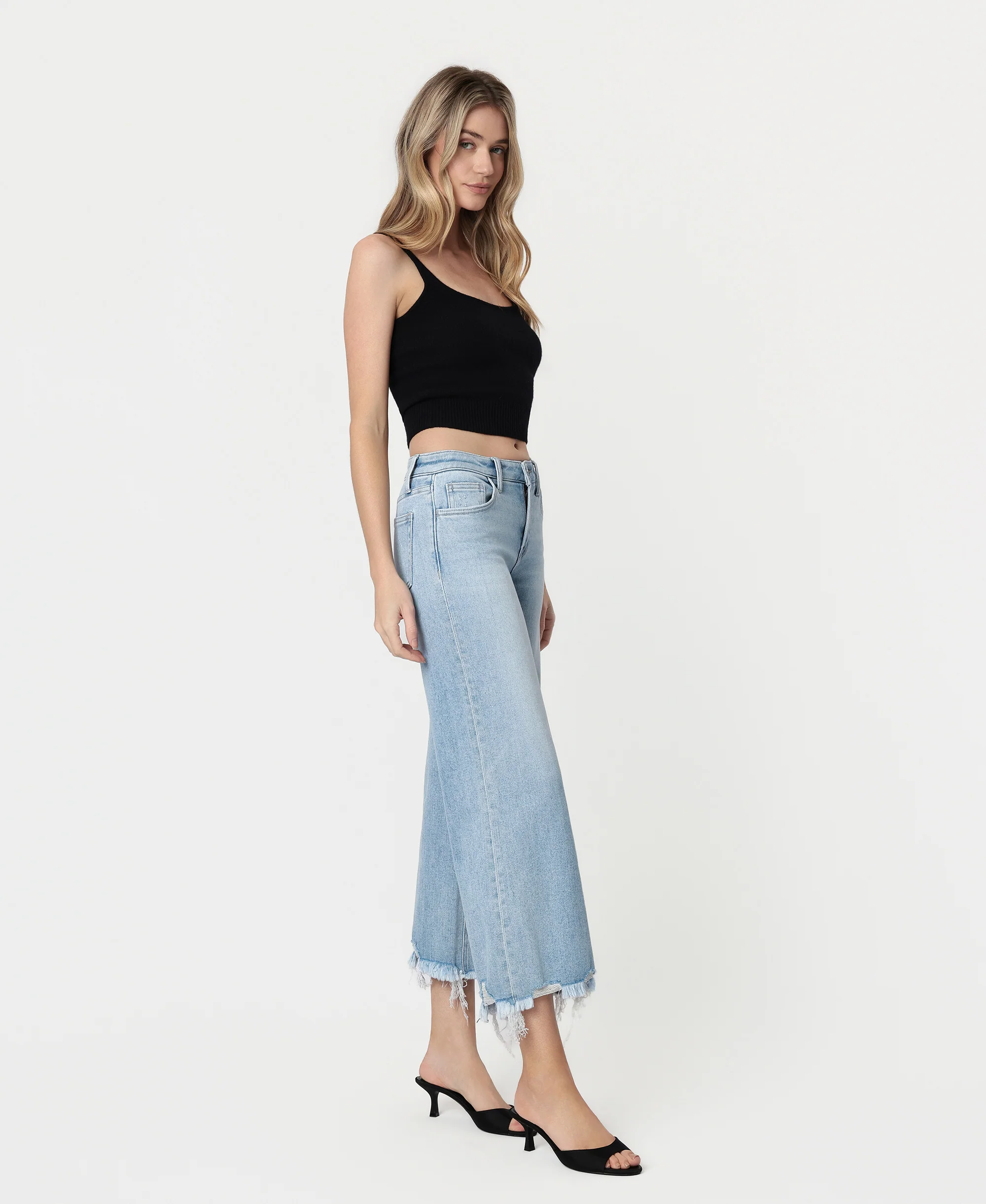Charming - Mid Rise Raw Distressed Hem Wide Leg Jeans - Image 4