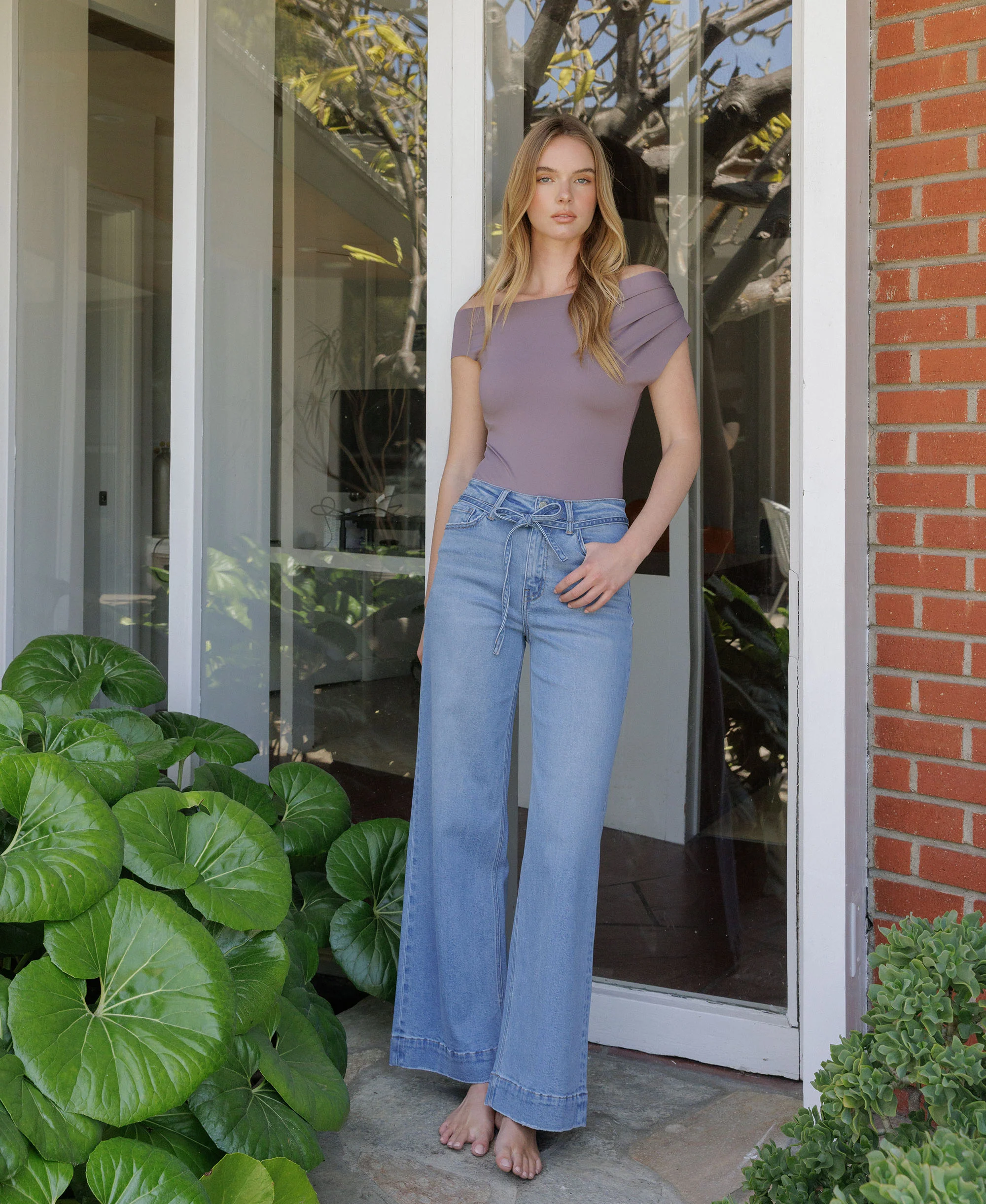 Elatedly - Super High Rise Tie Waist Trouser Wide Leg Jeans
