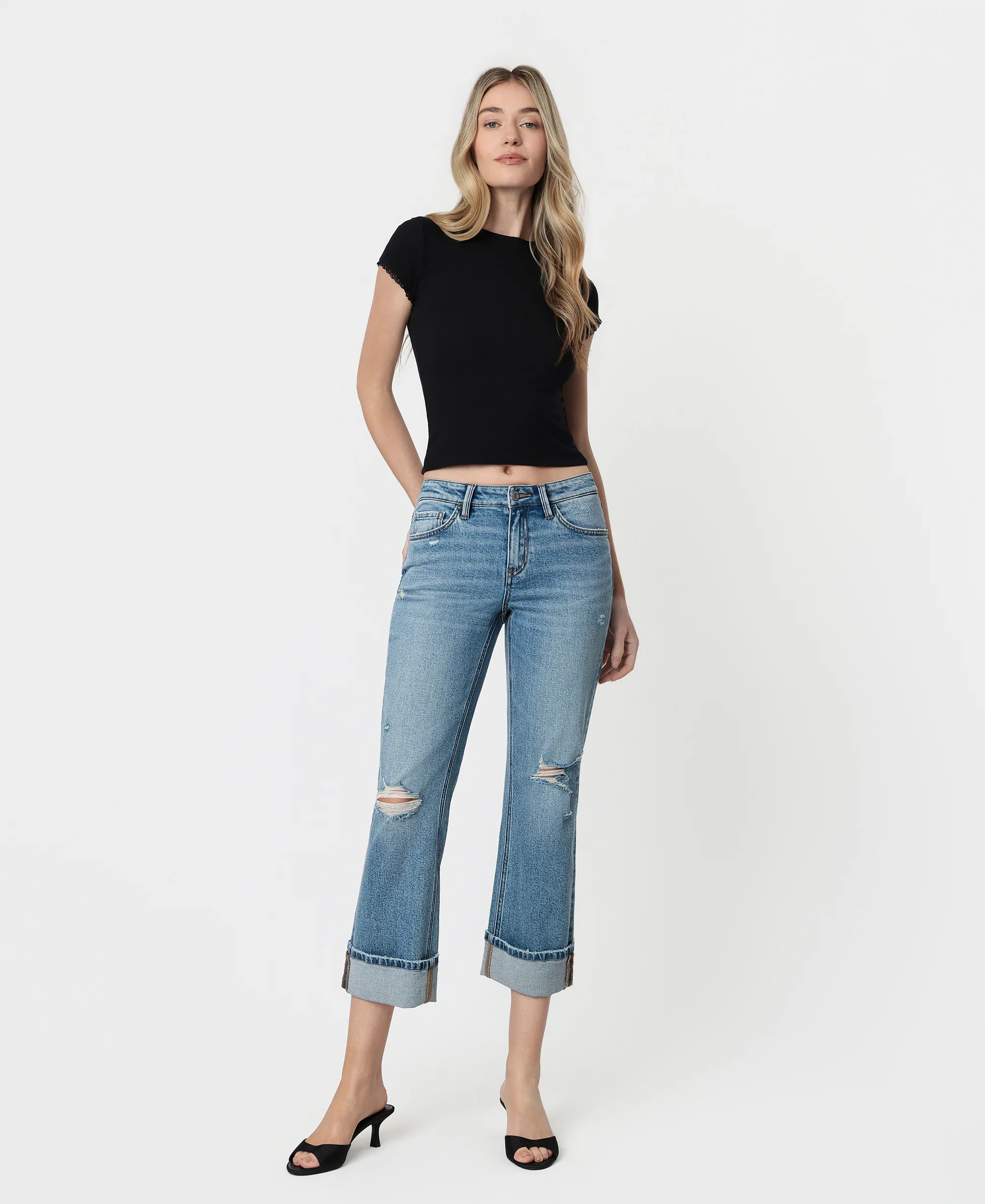 Enhancement - Mid Rise Distressed Cuffed Crop Straight Jeans