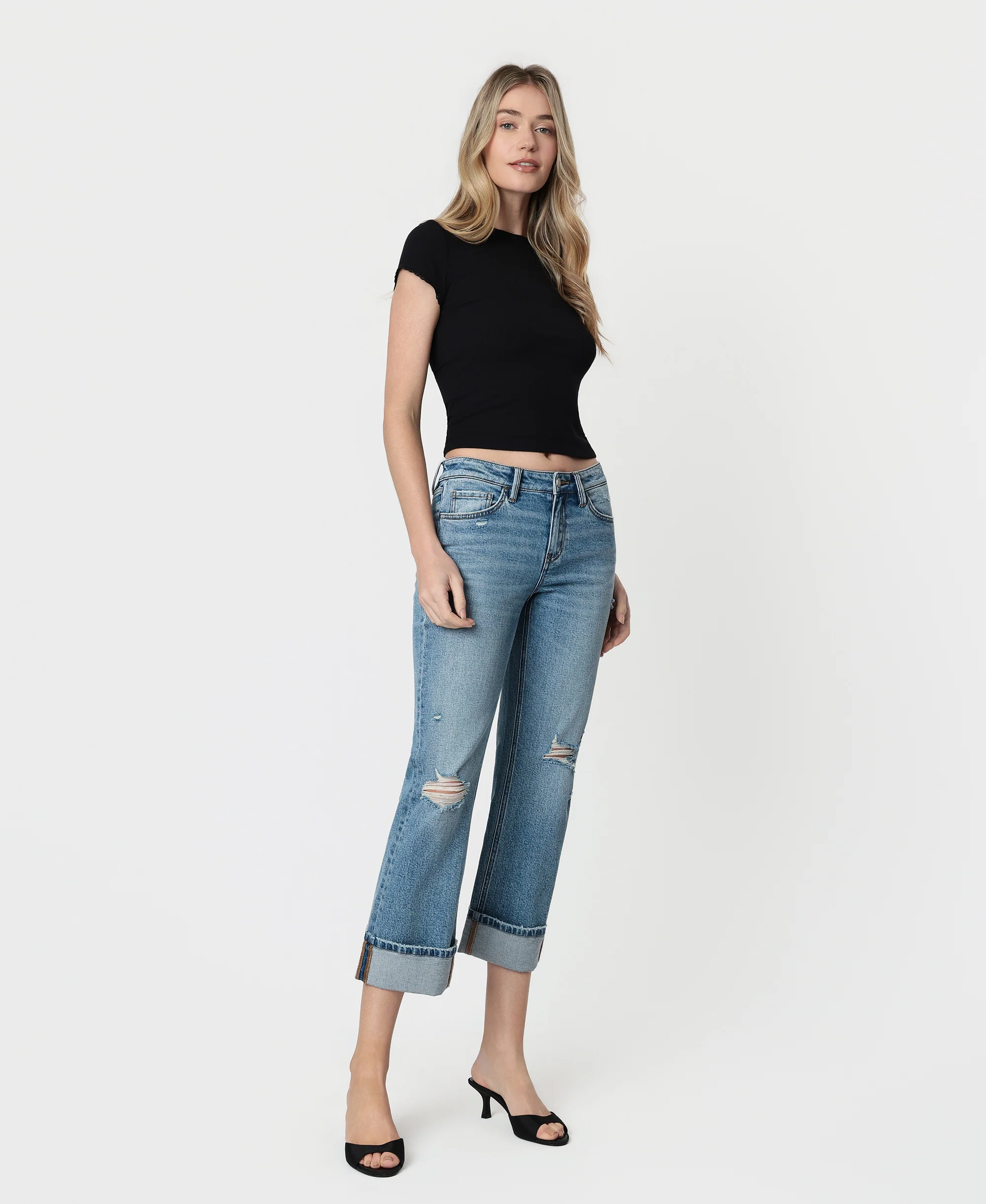 Enhancement - Mid Rise Distressed Cuffed Crop Straight Jeans - Image 4