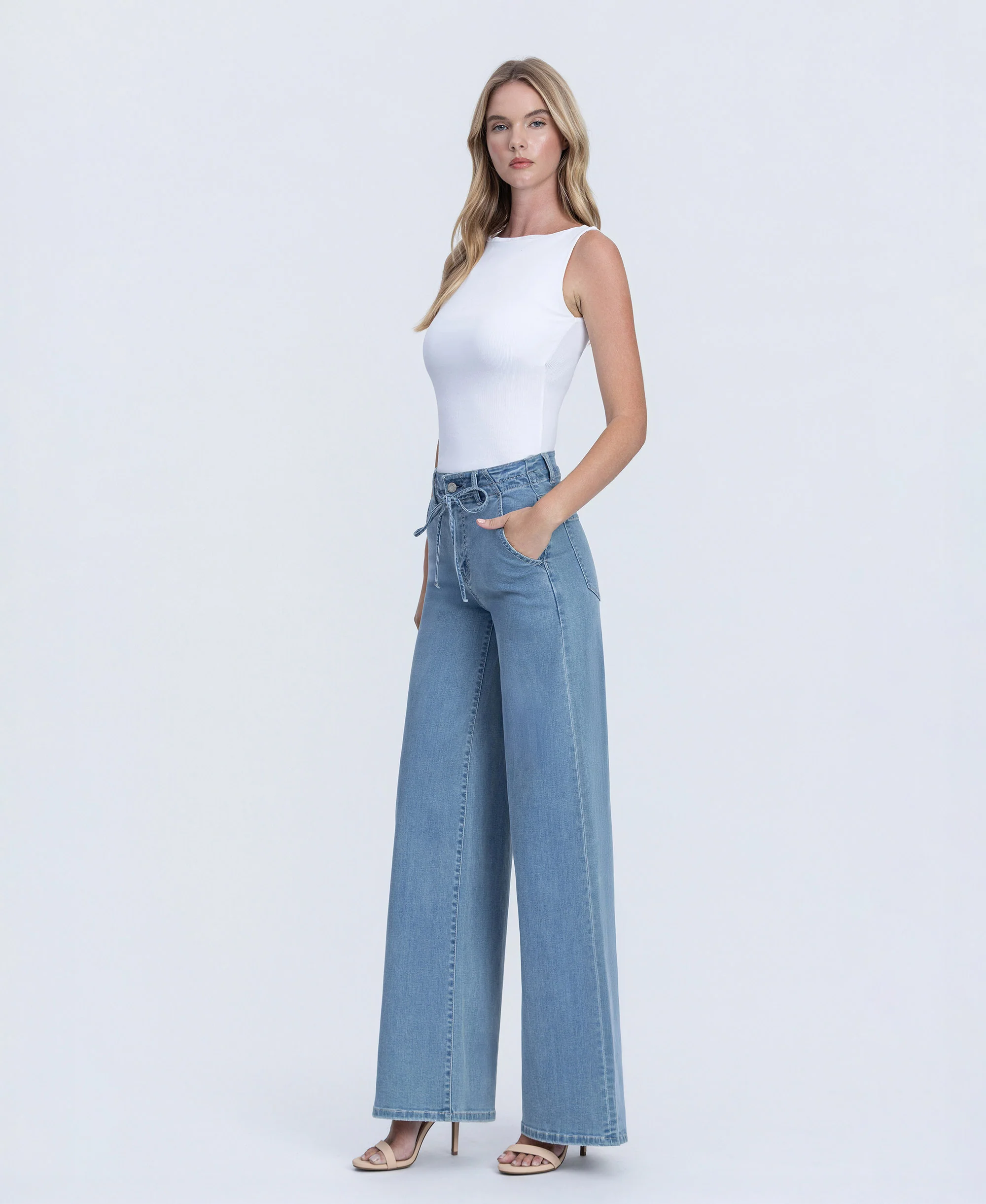 Ethereal Promise - High Rise Waist Tie Palazzo Jeans - Image 3
