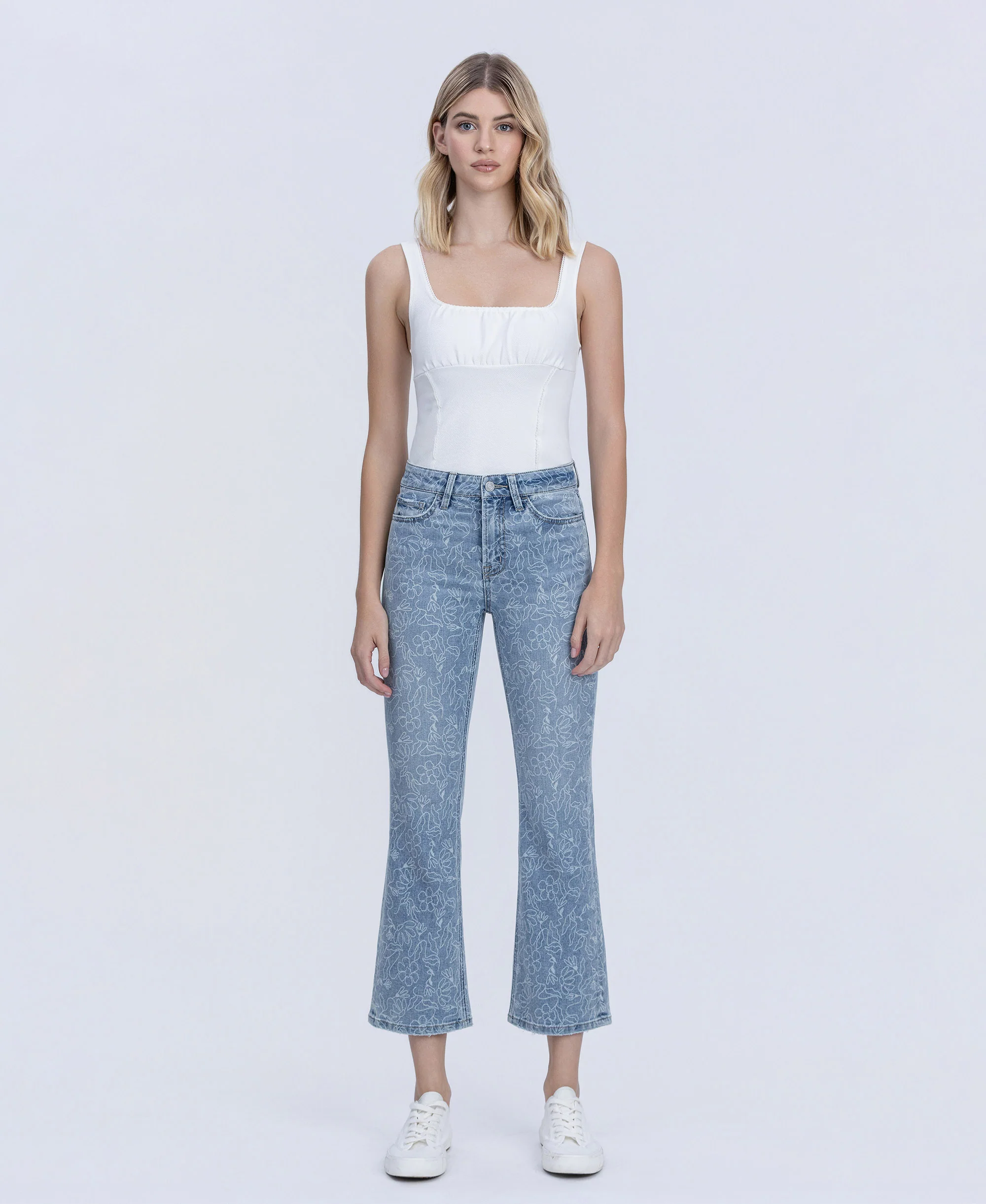 Floral Print - High Rise Crop Easy Flare Jeans