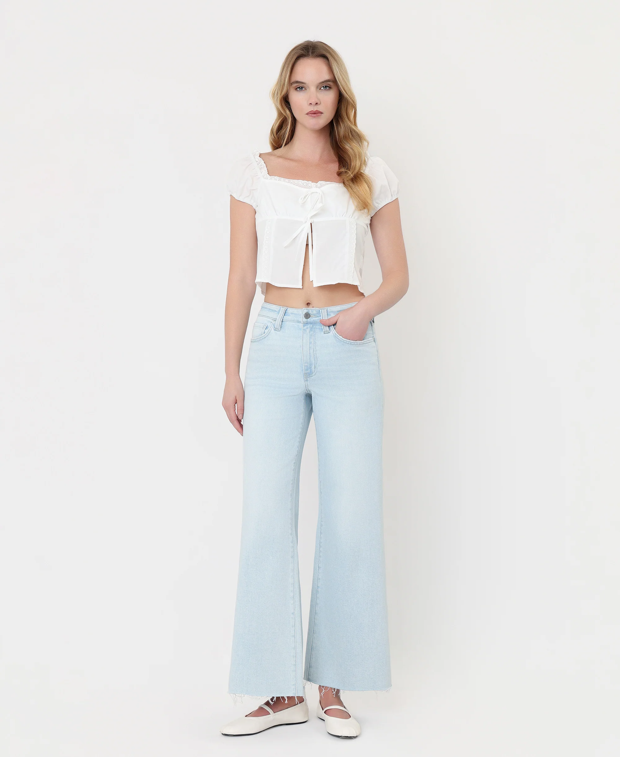 Gainfully - High Rise Clean Cut Raw Hem Wide Flare Jeans