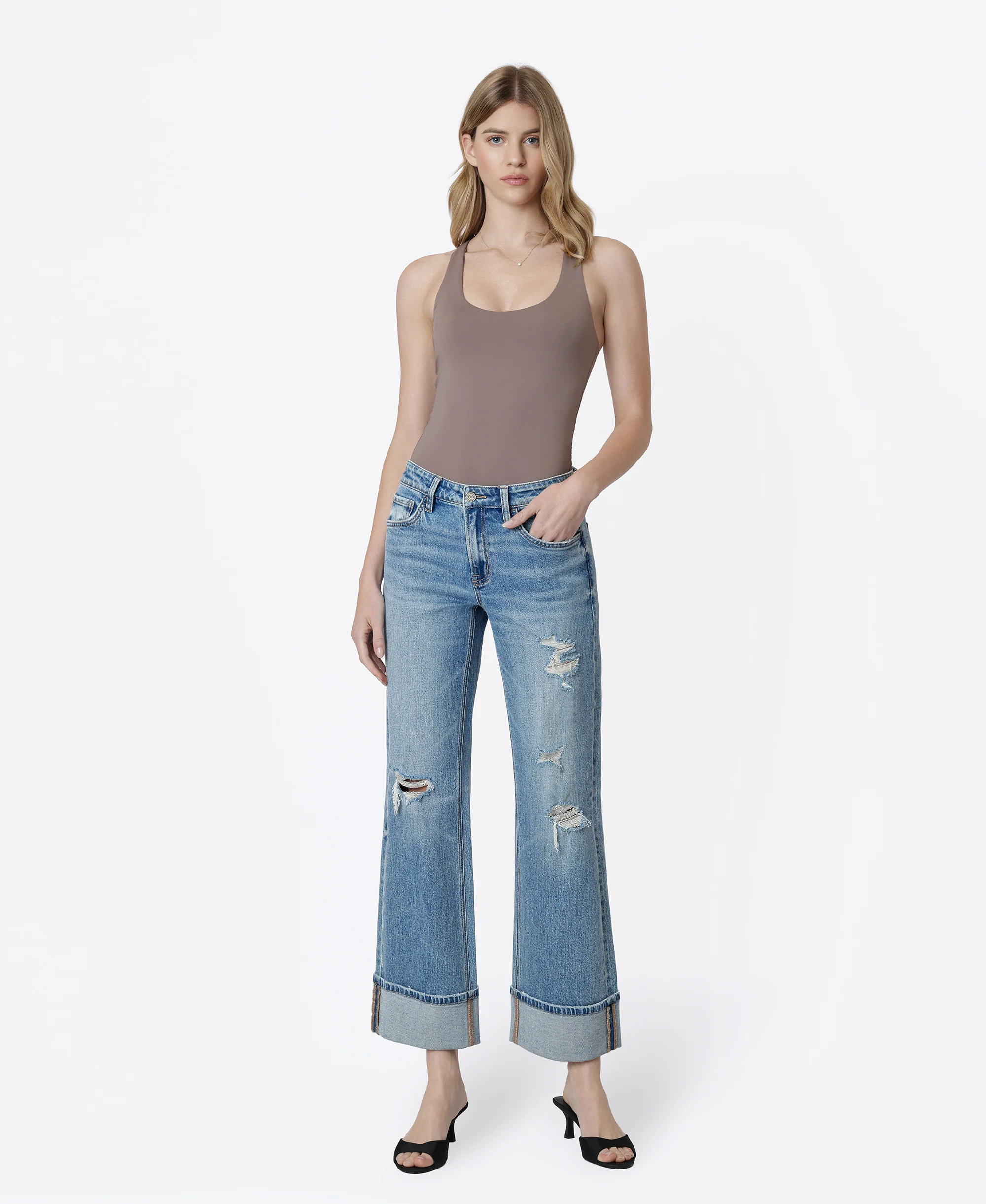 Glitz - Mid Rise Distressed Cuffed Slim Wide Leg Jeans