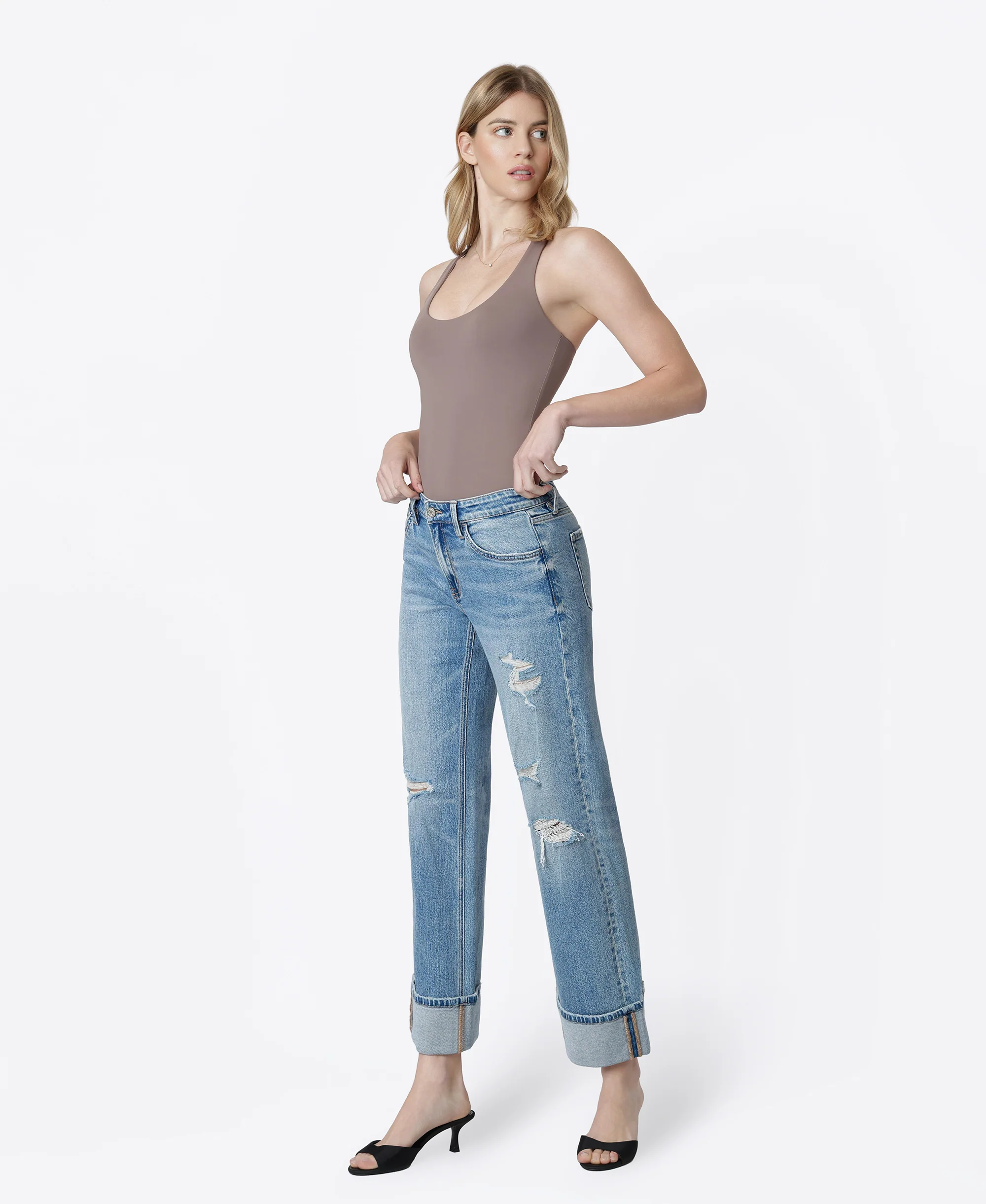 Glitz - Mid Rise Distressed Cuffed Slim Wide Leg Jeans - Image 3