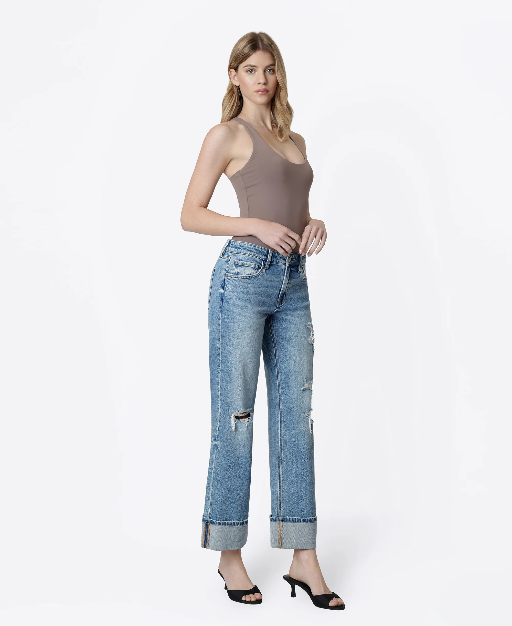 Glitz - Mid Rise Distressed Cuffed Slim Wide Leg Jeans - Image 4