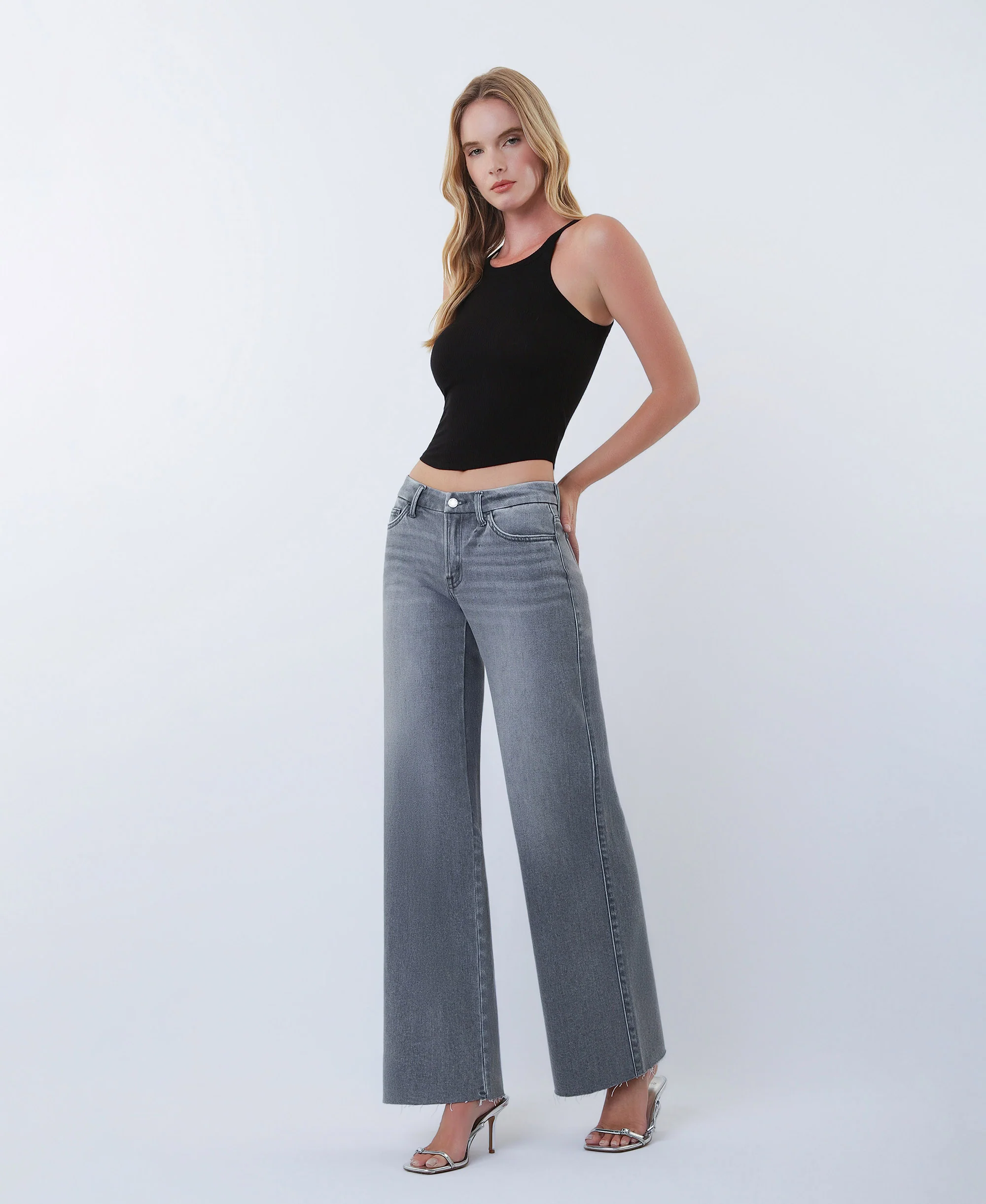 Grey - Mid Rise Clean Cut Raw Hem Wide Leg Jeans - Image 3