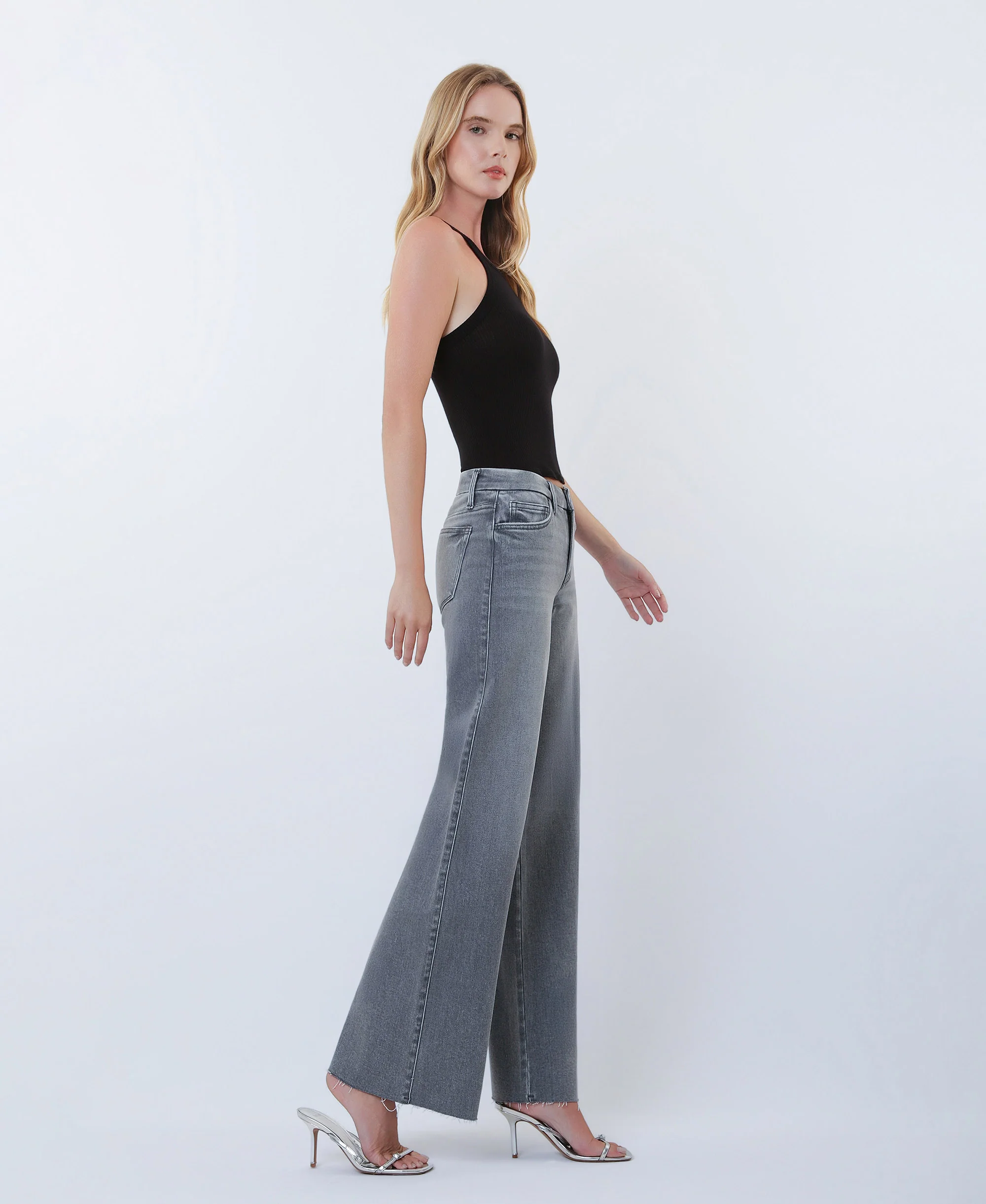 Grey - Mid Rise Clean Cut Raw Hem Wide Leg Jeans - Image 4
