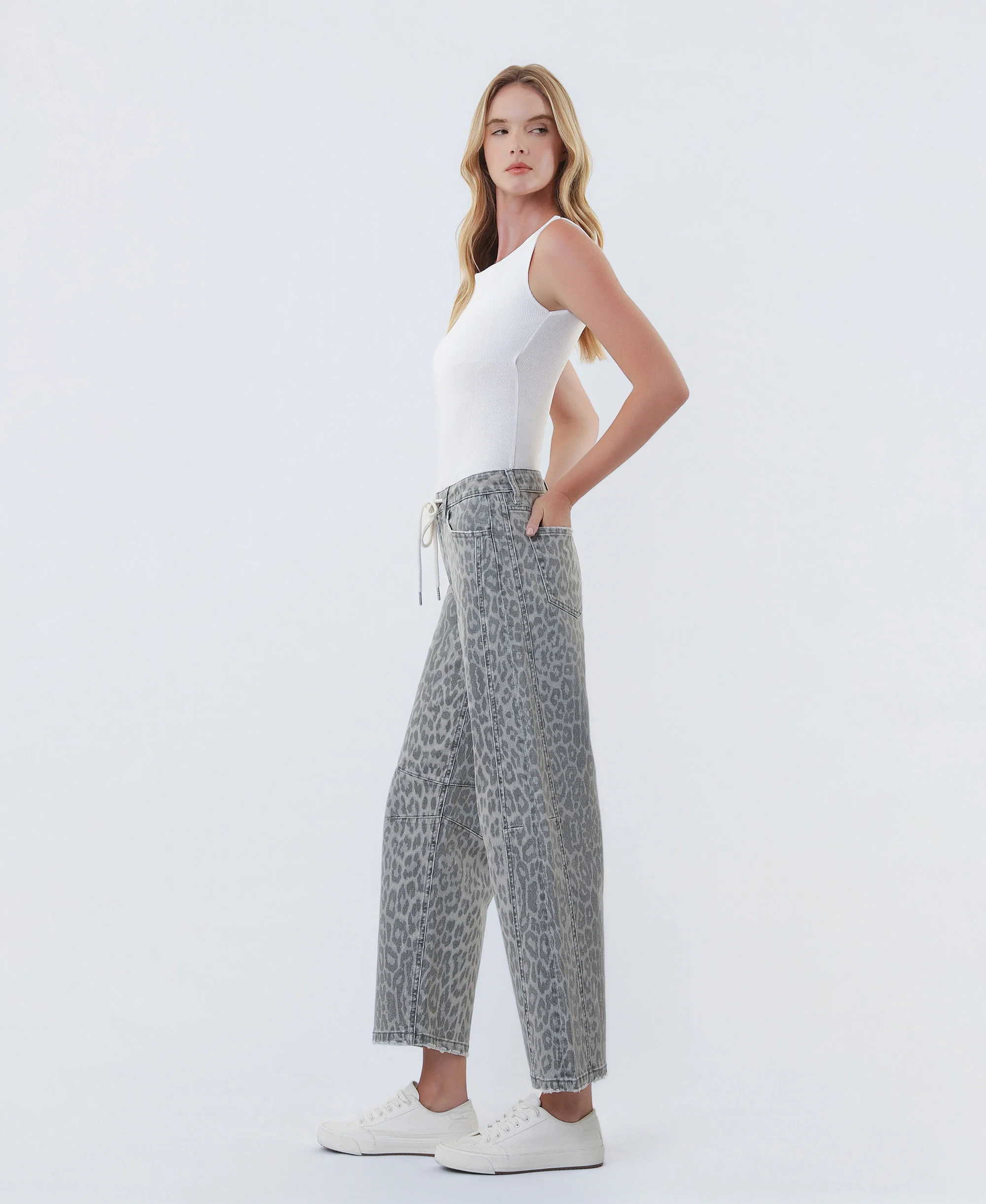 Grey Leopard - High Rise Drawstring Leopard Barrel Jeans - Image 3