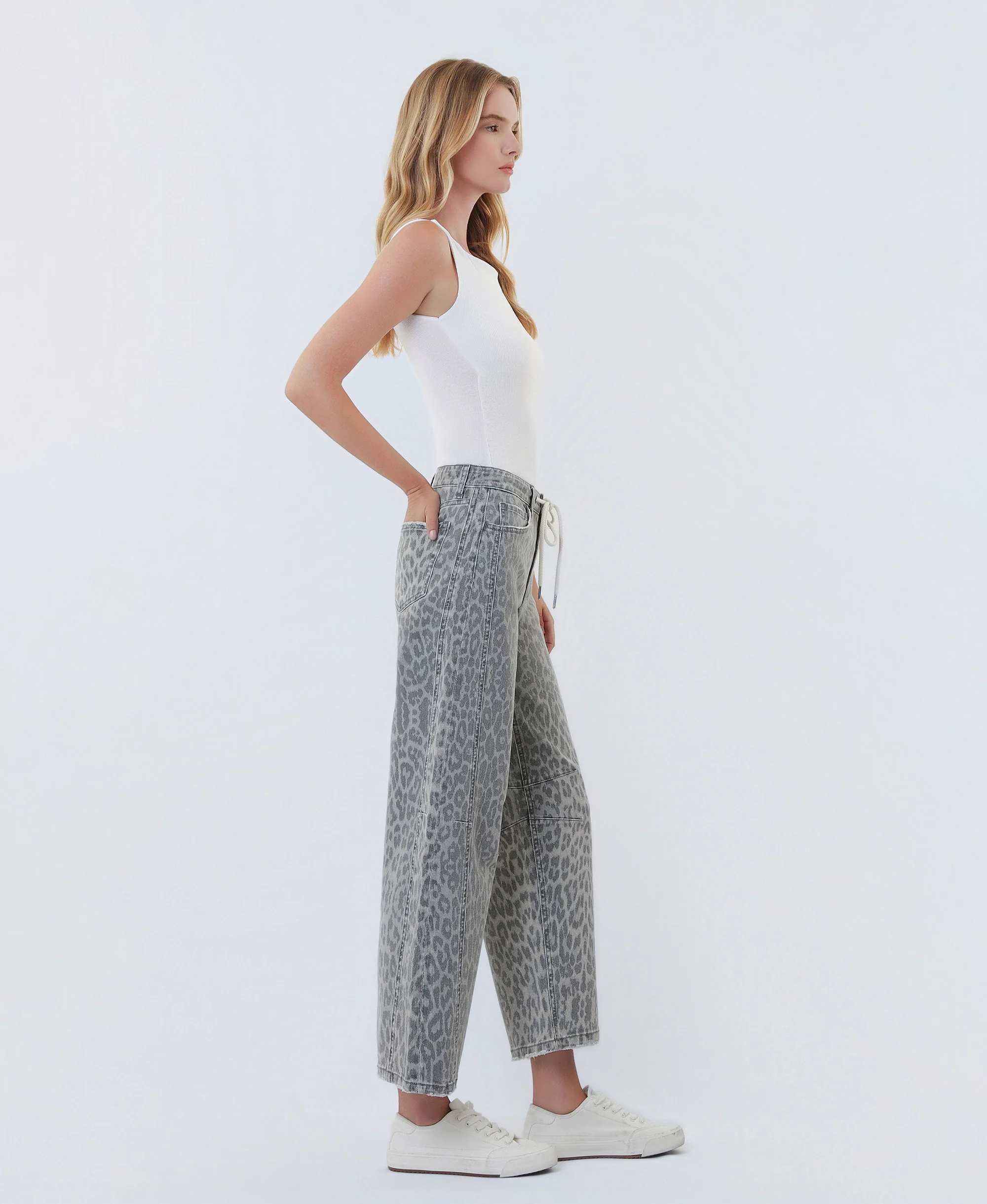 Grey Leopard - High Rise Drawstring Leopard Barrel Jeans - Image 4