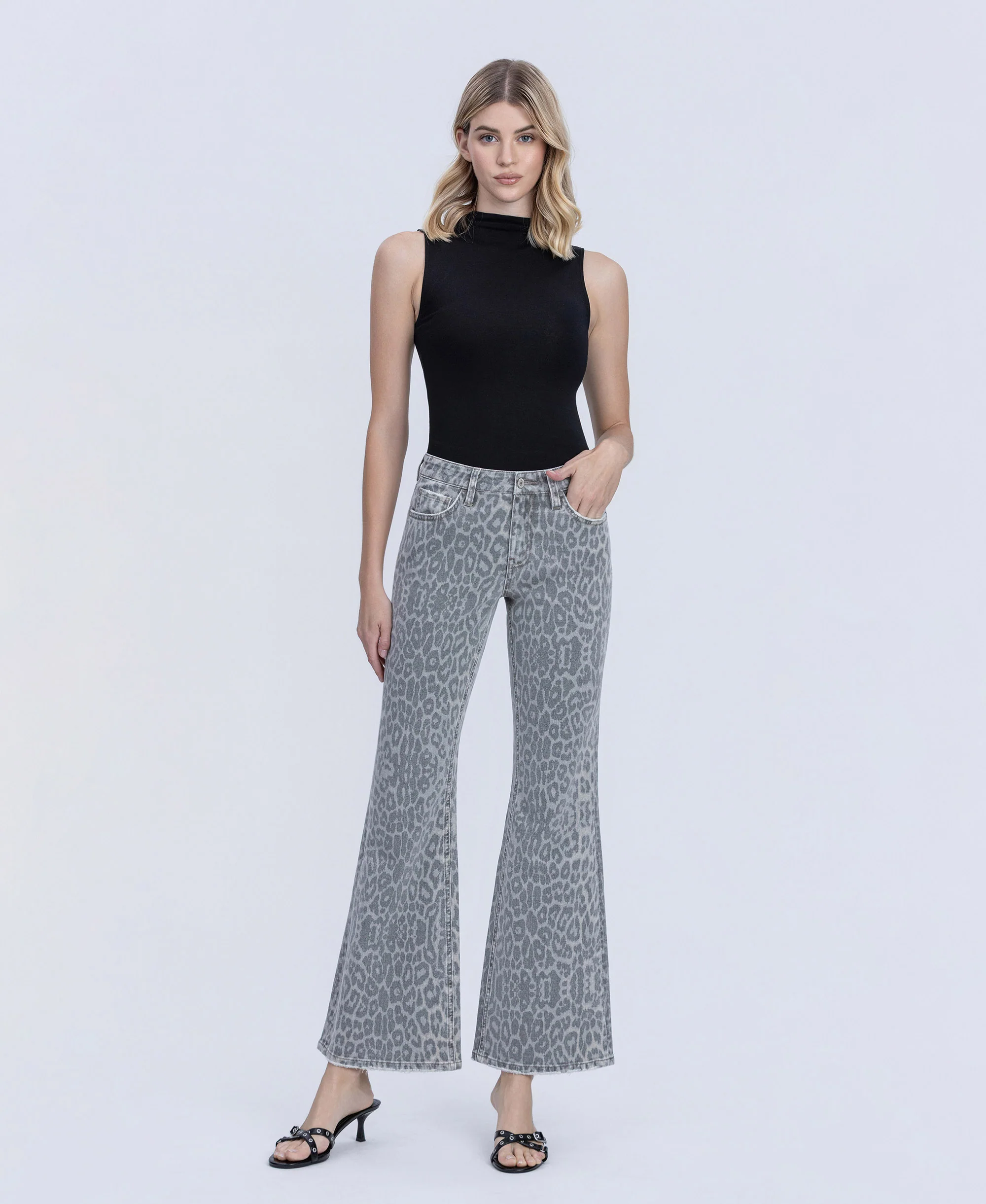 Grey Leopard - Mid Rise Full Length Vintage Flare Jeans
