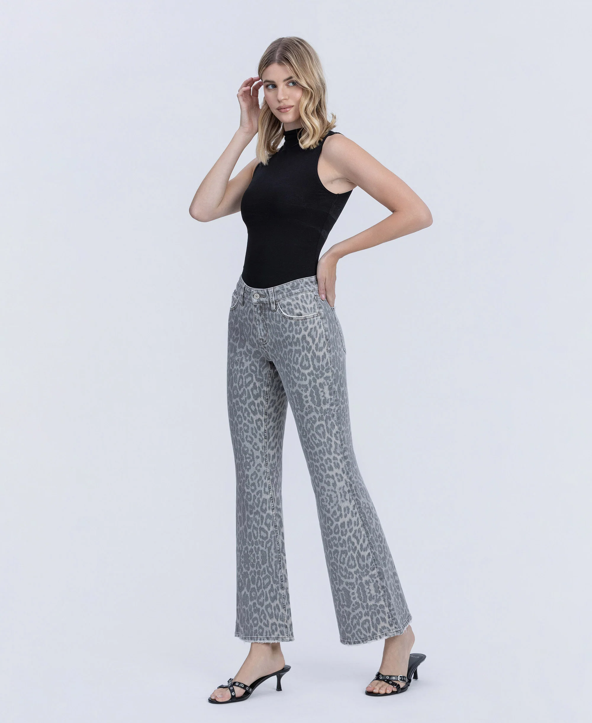 Grey Leopard - Mid Rise Full Length Vintage Flare Jeans - Image 3