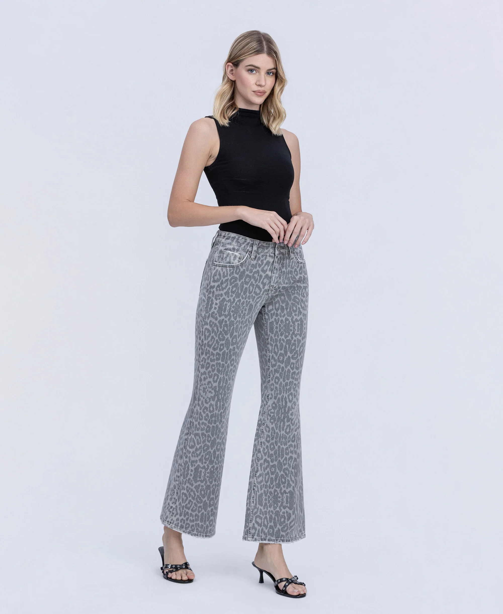 Grey Leopard - Mid Rise Full Length Vintage Flare Jeans - Image 4