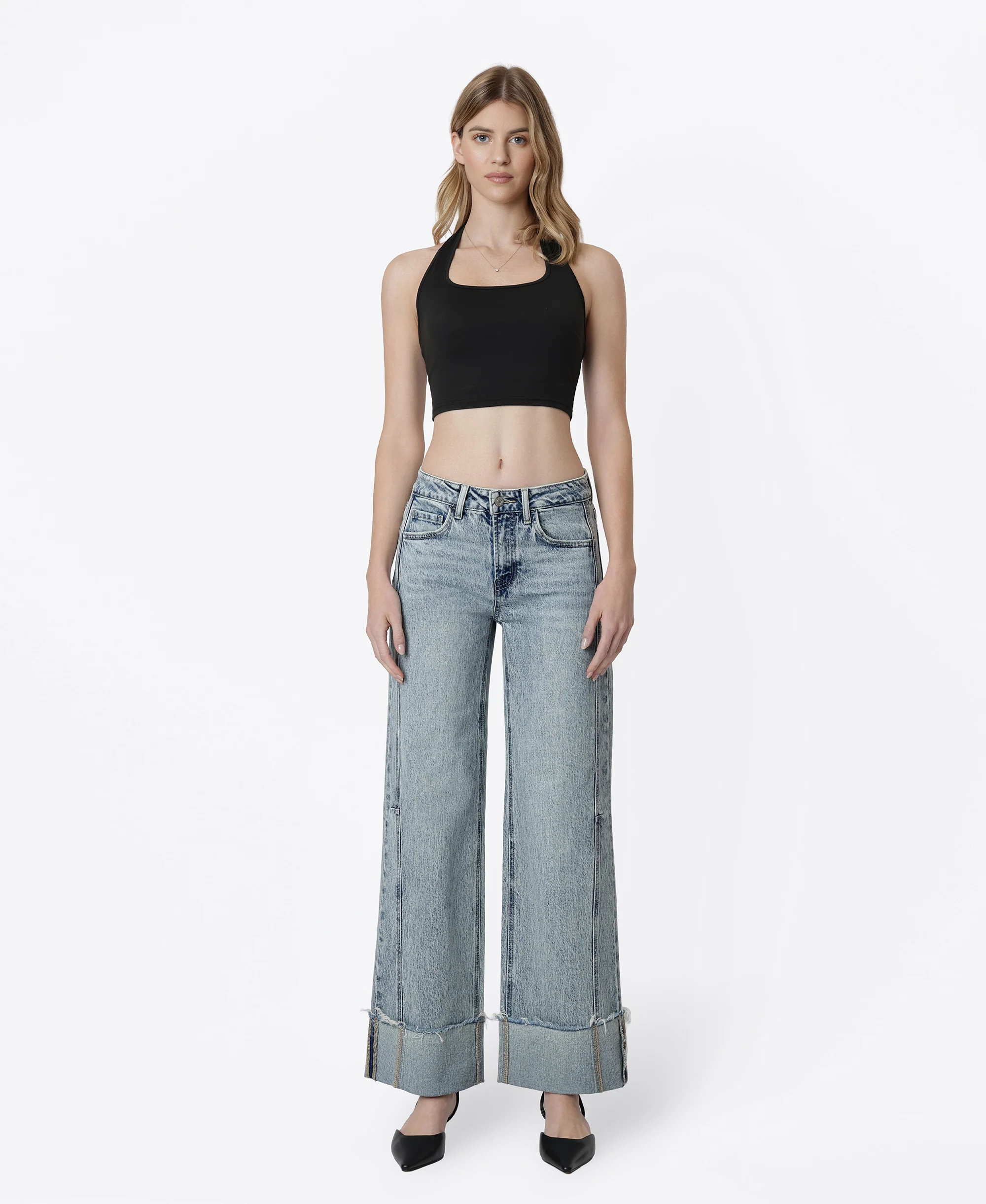 Handier - High Rise Full Length Cuffed Tinted Wide Leg Jeans