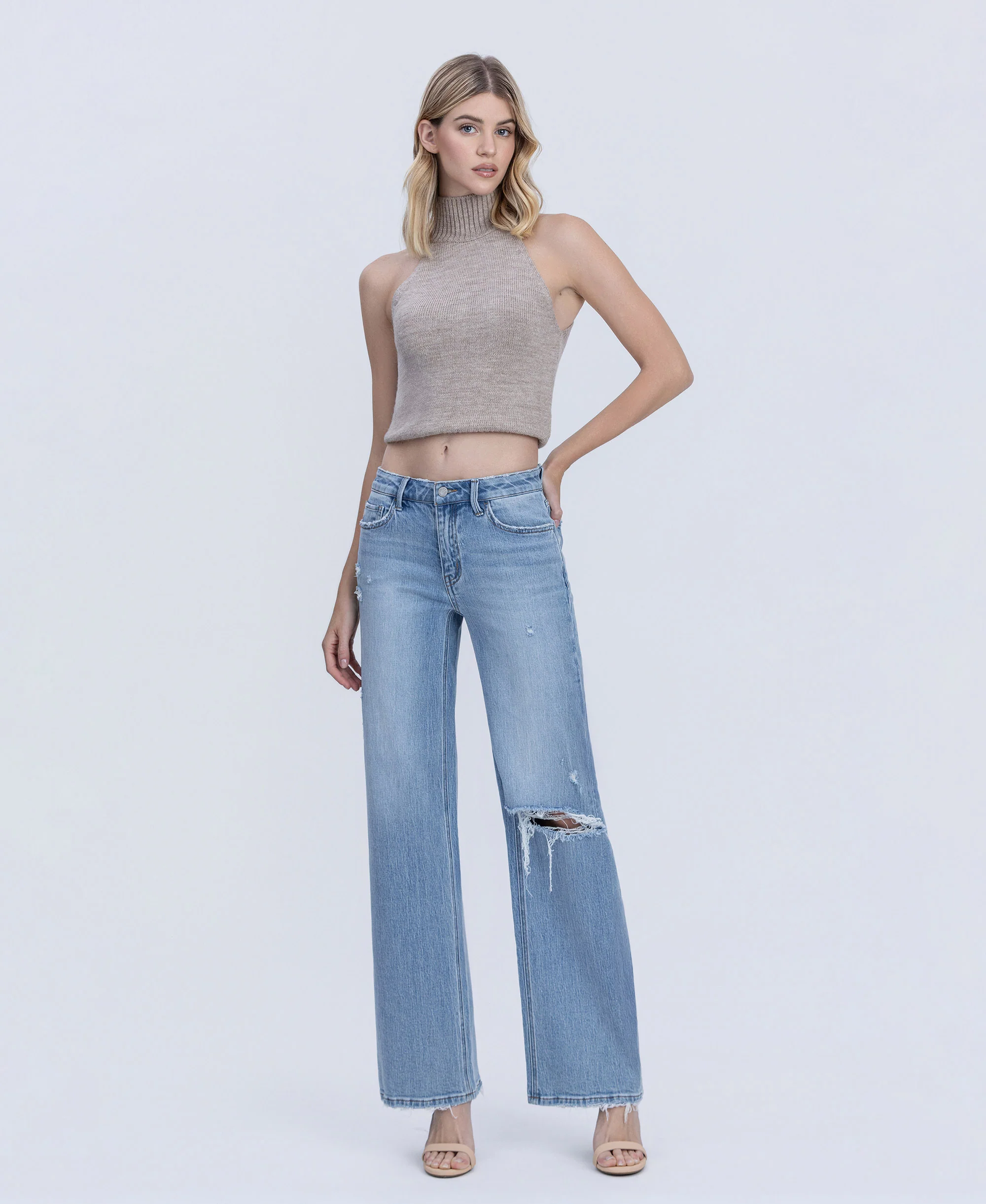 Illustrative - Mid Rise Distressed Full Length Wide Leg Jeans