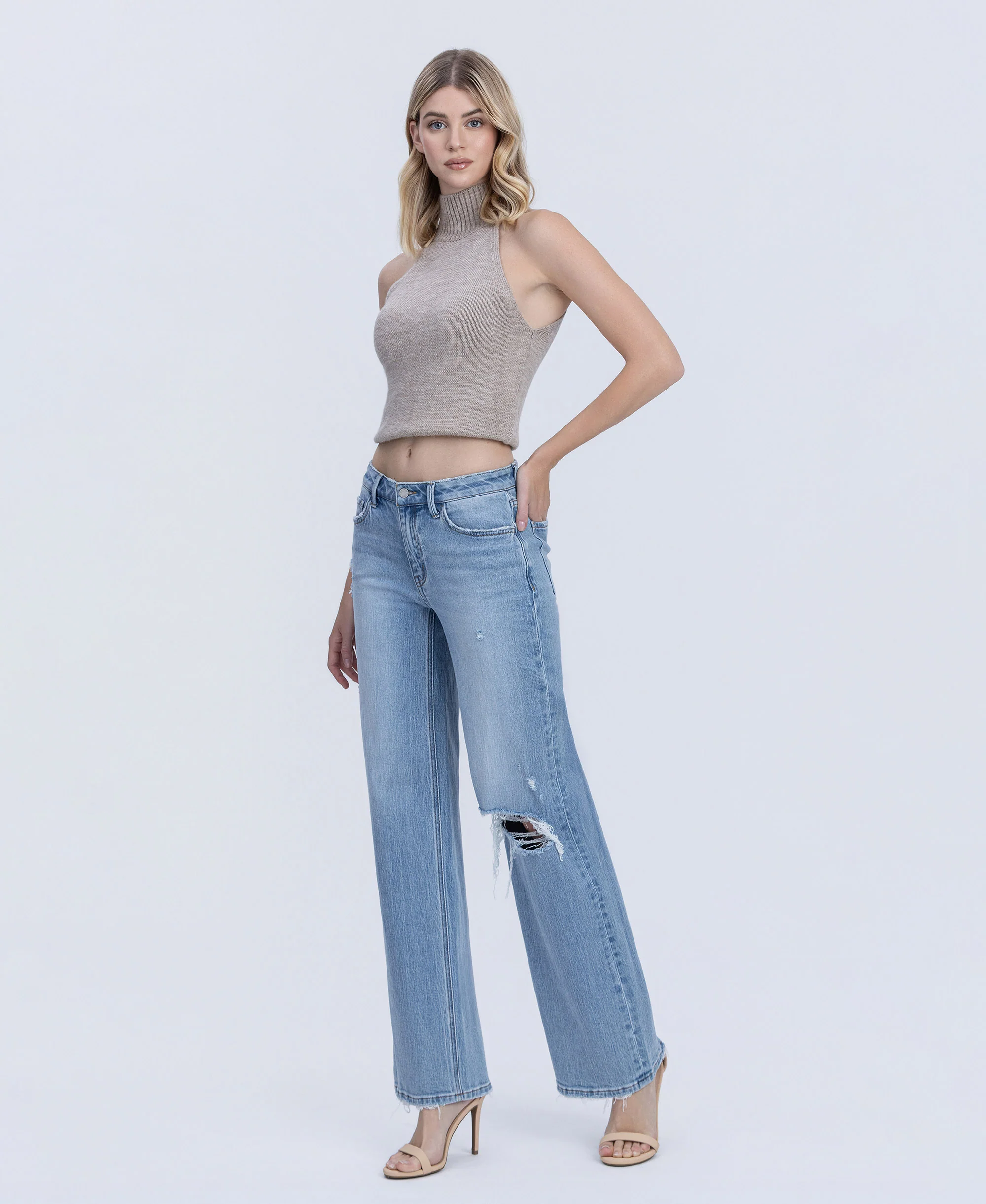 Illustrative - Mid Rise Distressed Full Length Wide Leg Jeans - Image 3