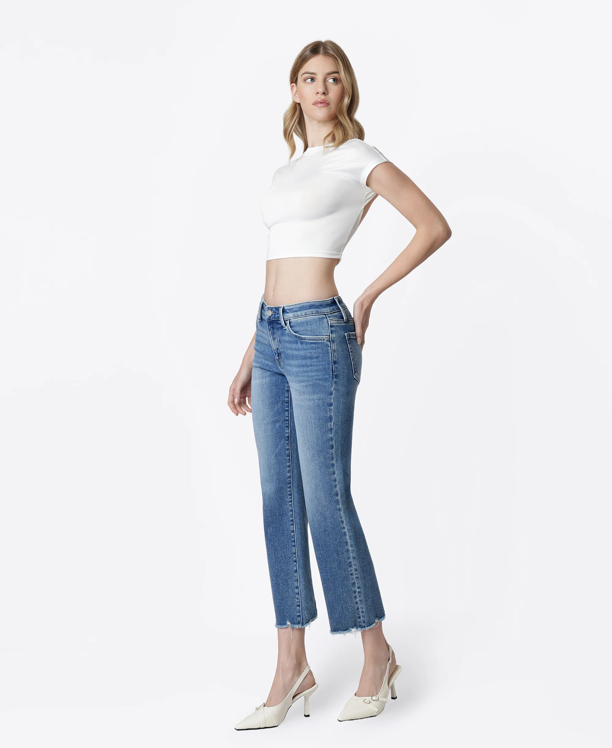 Joysome - Mid Rise Distressed Hem Crop Straight Jeans - Image 3