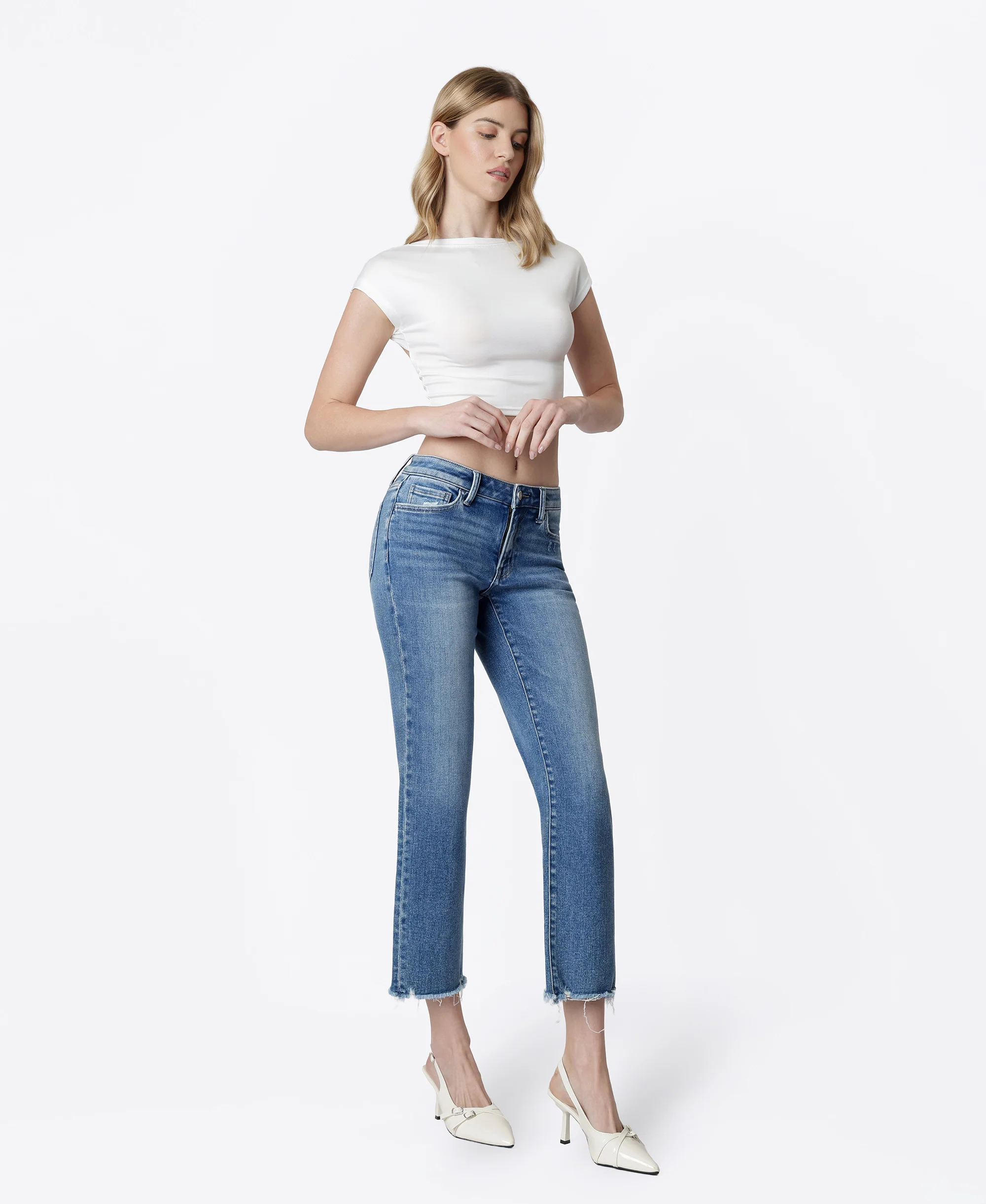 Joysome - Mid Rise Distressed Hem Crop Straight Jeans - Image 4