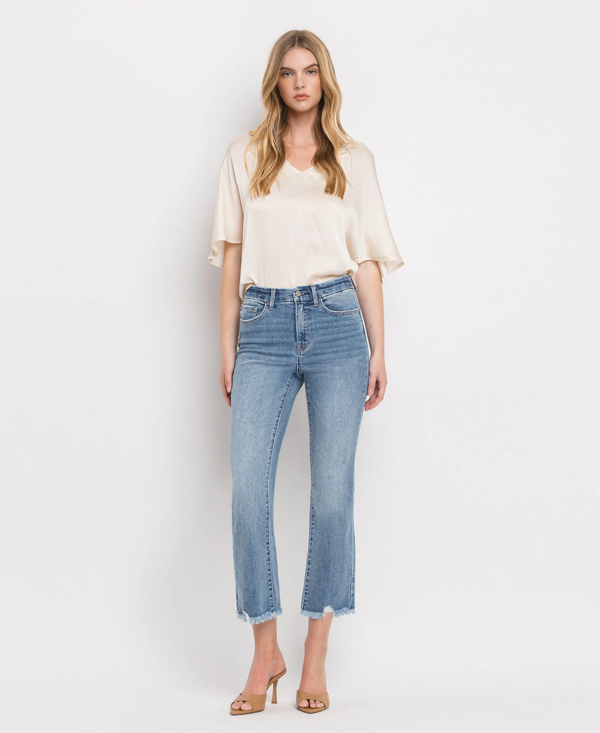 Merciful - High Rise Frayed Hem Crop Flare Jeans