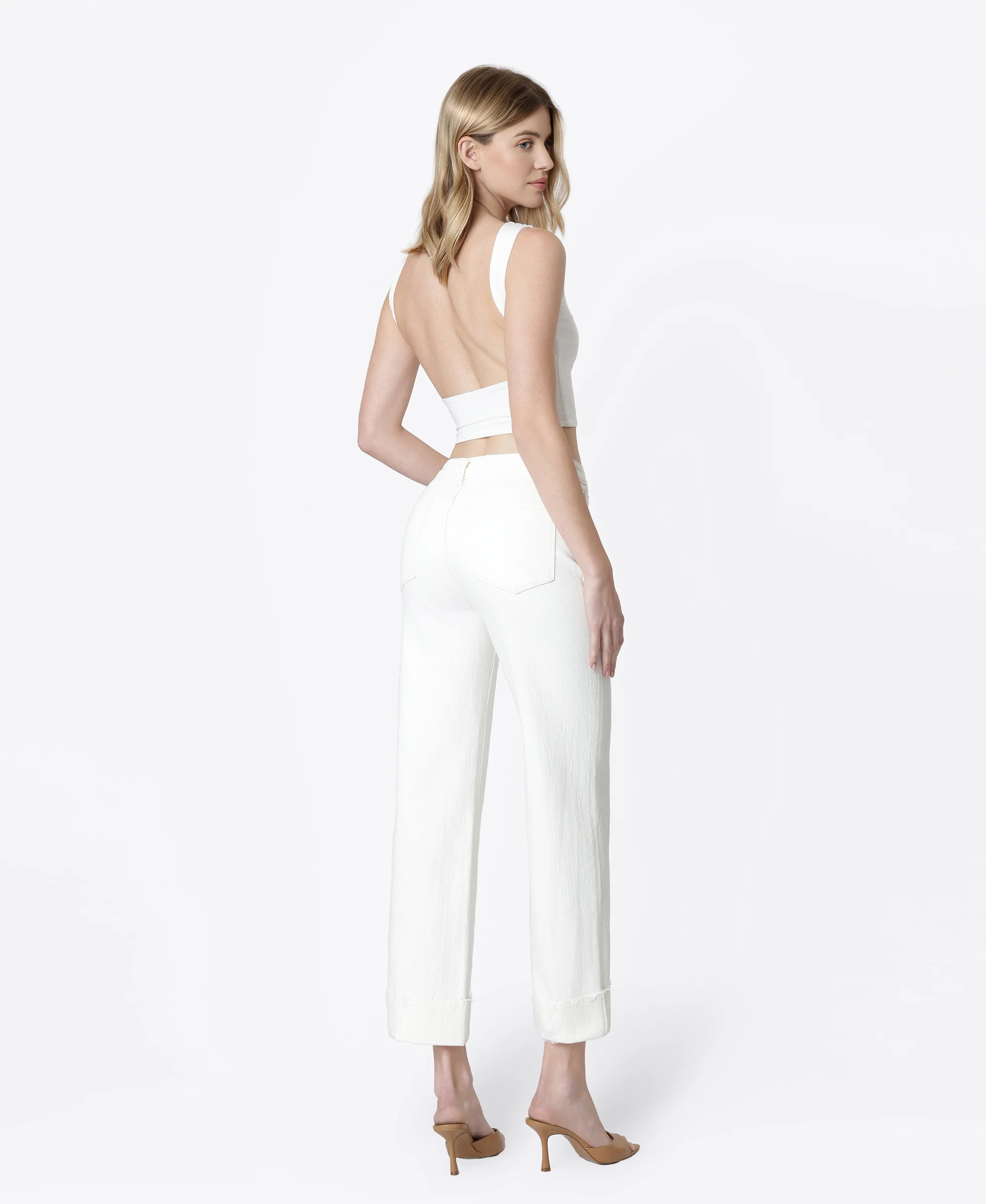 Optic White - High Rise Cuffed Slim Wide Leg Jeans - Image 2