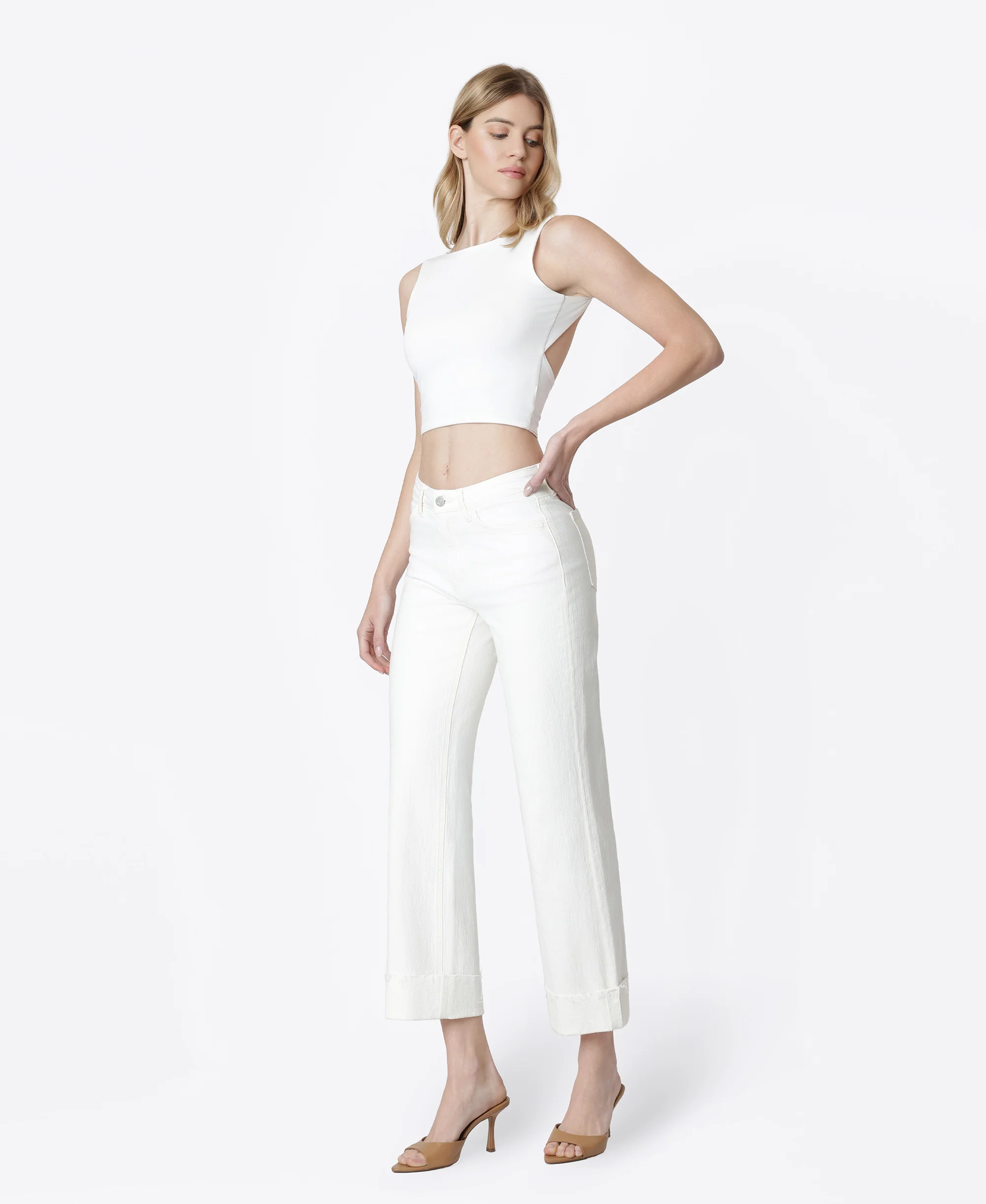 Optic White - High Rise Cuffed Slim Wide Leg Jeans - Image 3