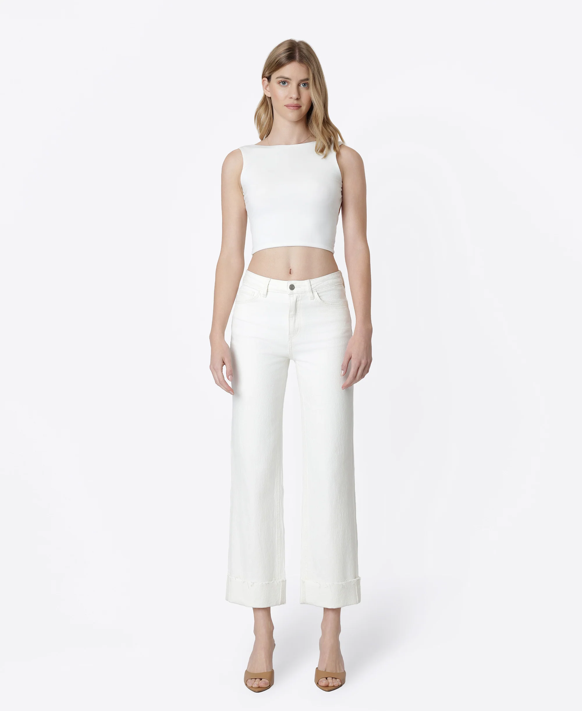 Optic White - High Rise Cuffed Slim Wide Leg Jeans - Image 4