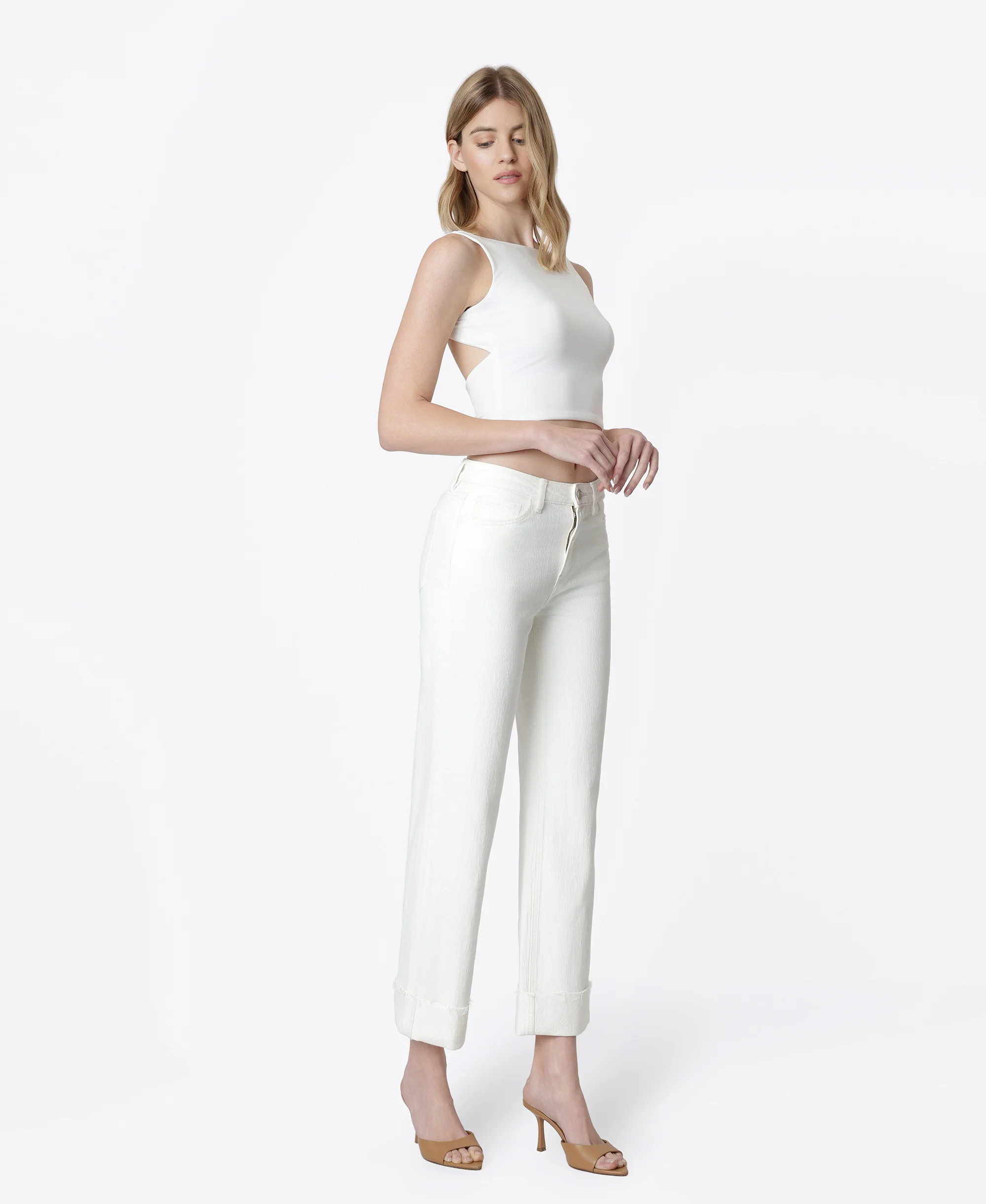 Optic White - High Rise Cuffed Slim Wide Leg Jeans - Image 5