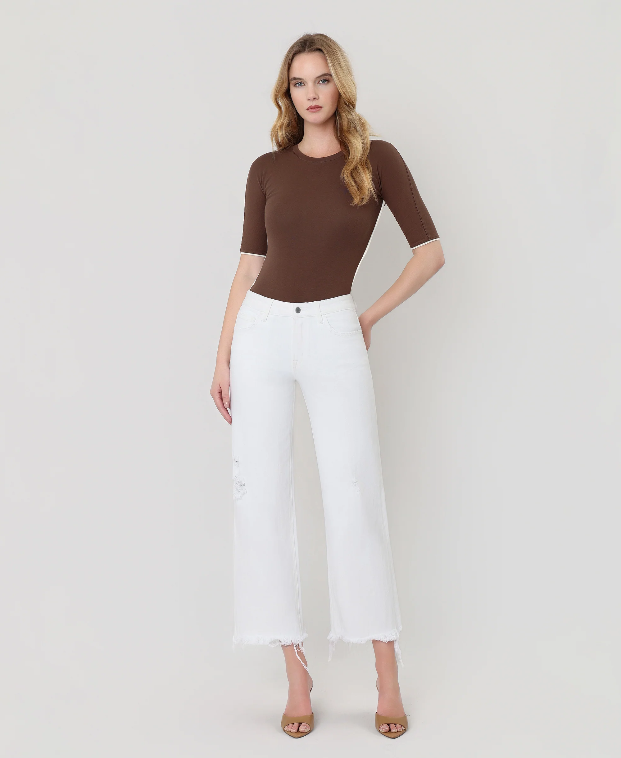 Optic White - High Rise Uneven Raw Hem Crop Wide Leg Jeans