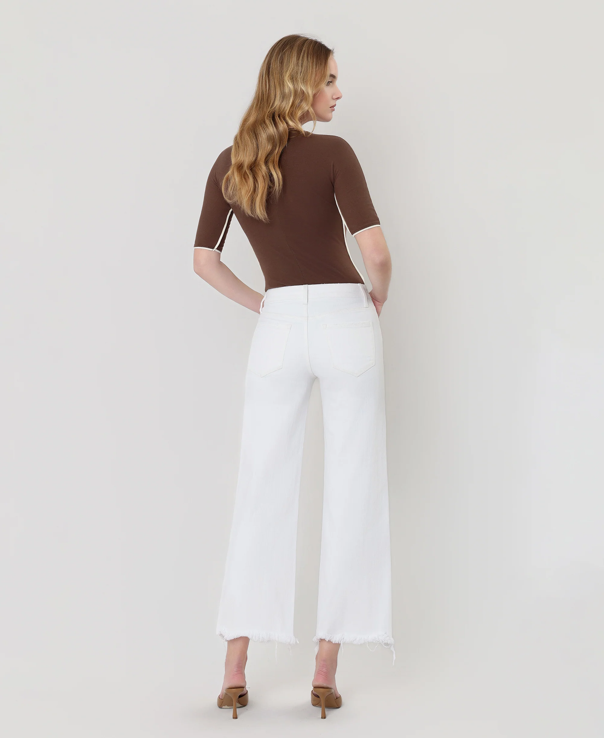 Optic White - High Rise Uneven Raw Hem Crop Wide Leg Jeans - Image 2