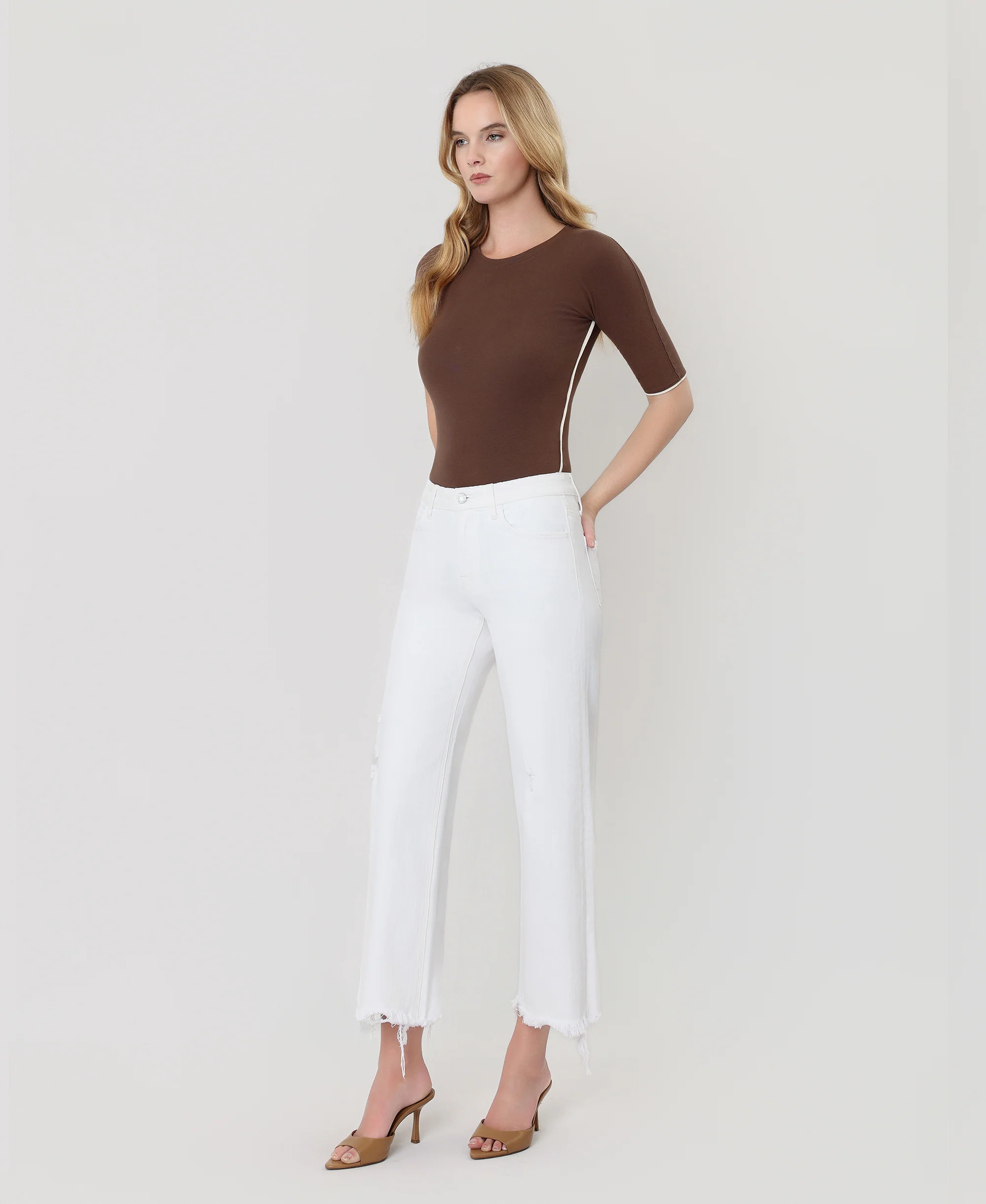 Optic White - High Rise Uneven Raw Hem Crop Wide Leg Jeans - Image 3