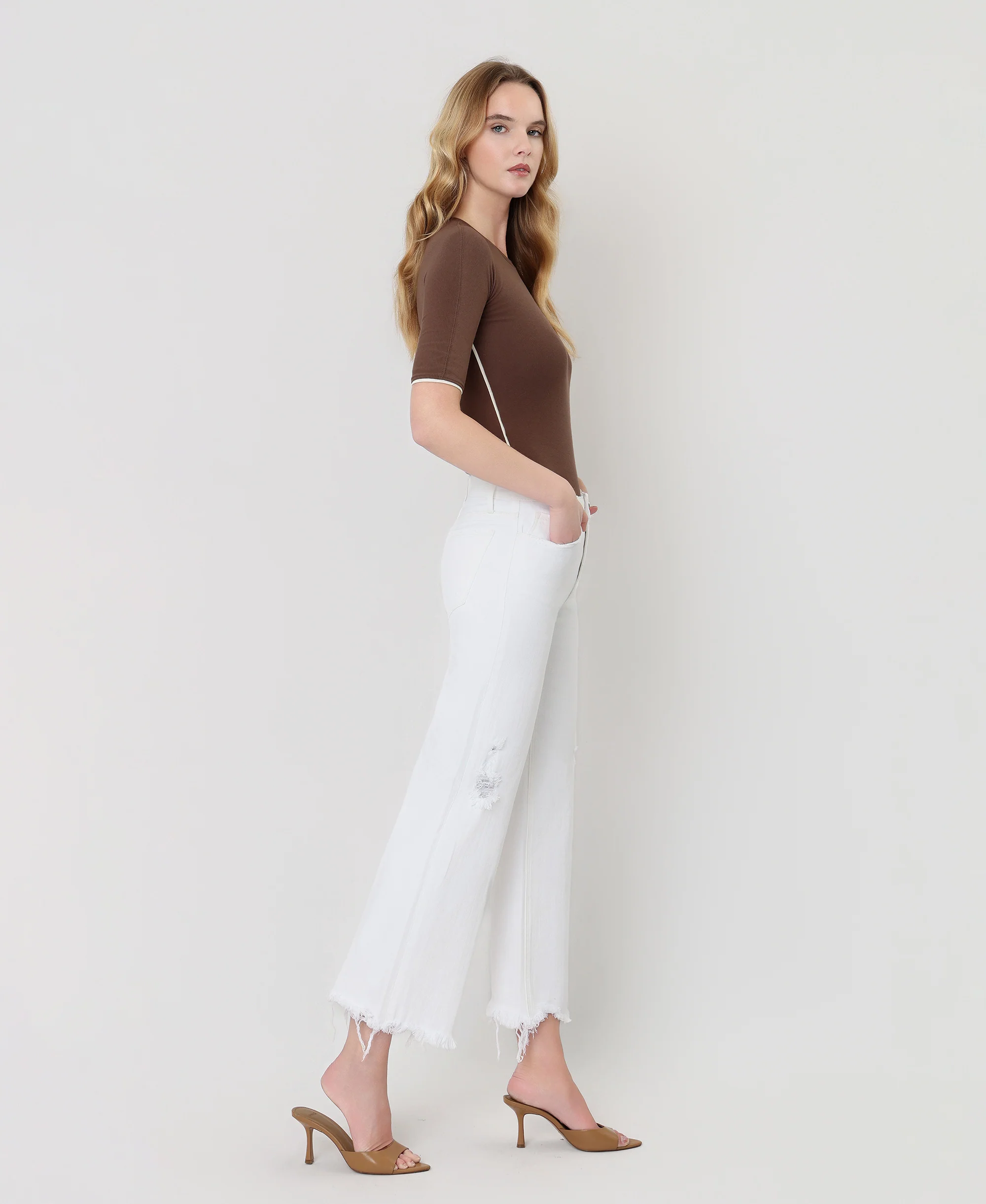 Optic White - High Rise Uneven Raw Hem Crop Wide Leg Jeans - Image 4