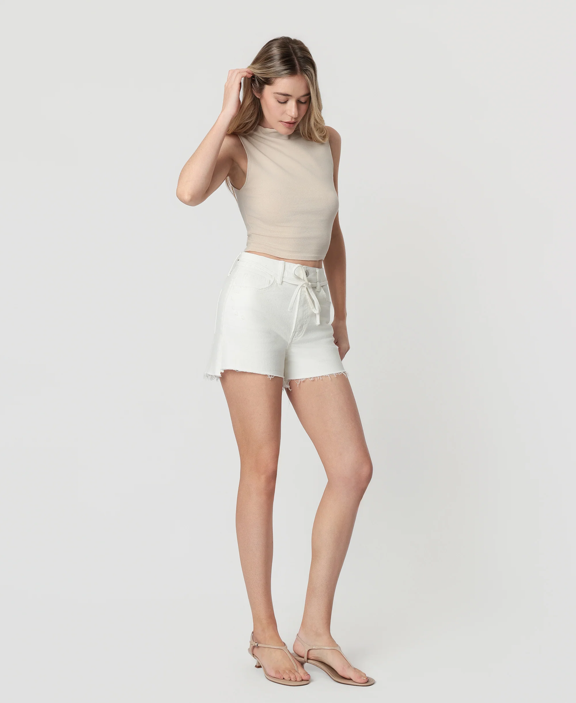 Optic White - Super High Rise Raw Step Hem Drawstring Denim Mom Shorts - Image 4
