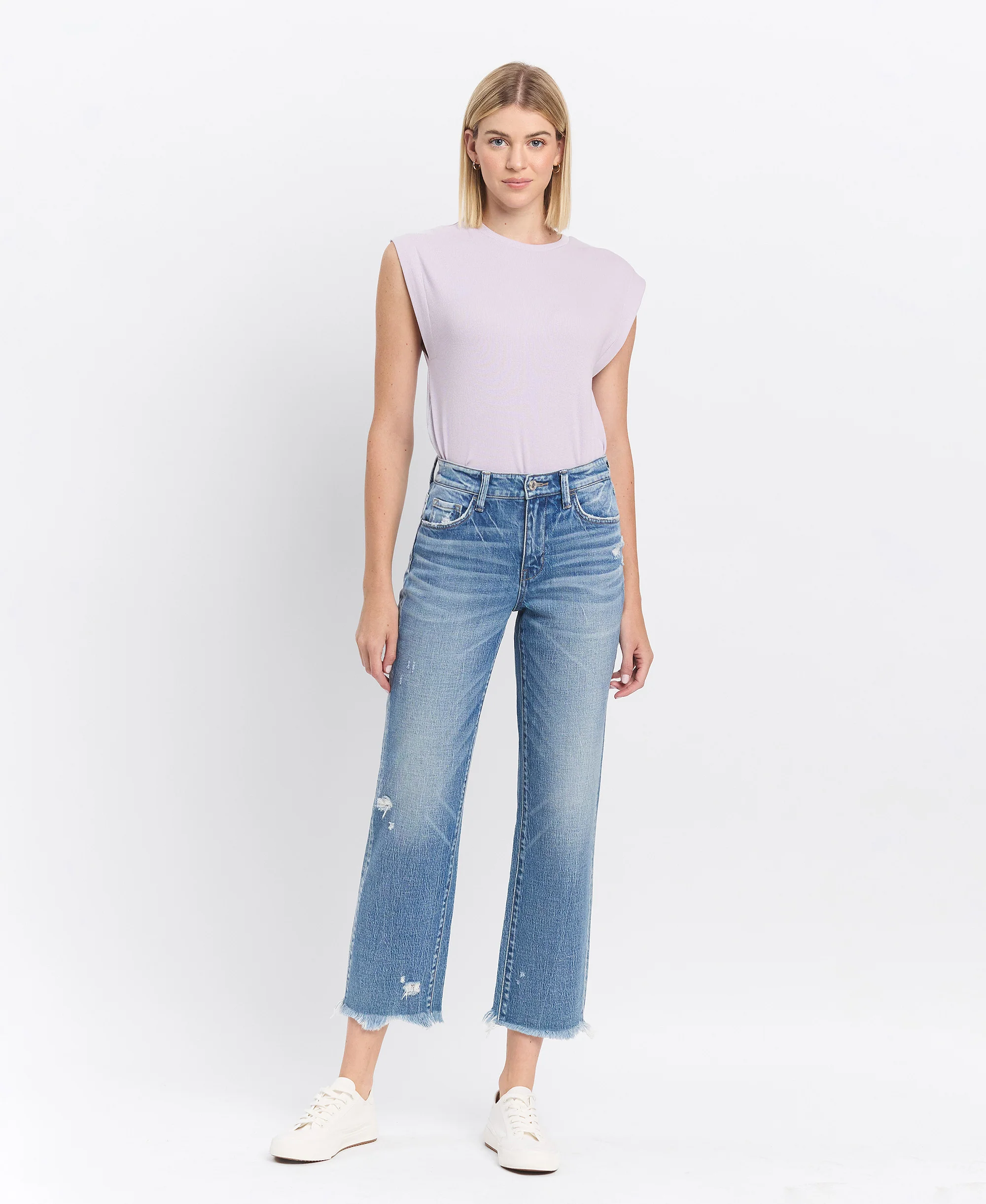 Periwinkle - High Rise Frayed Hem Crop Straight Jeans