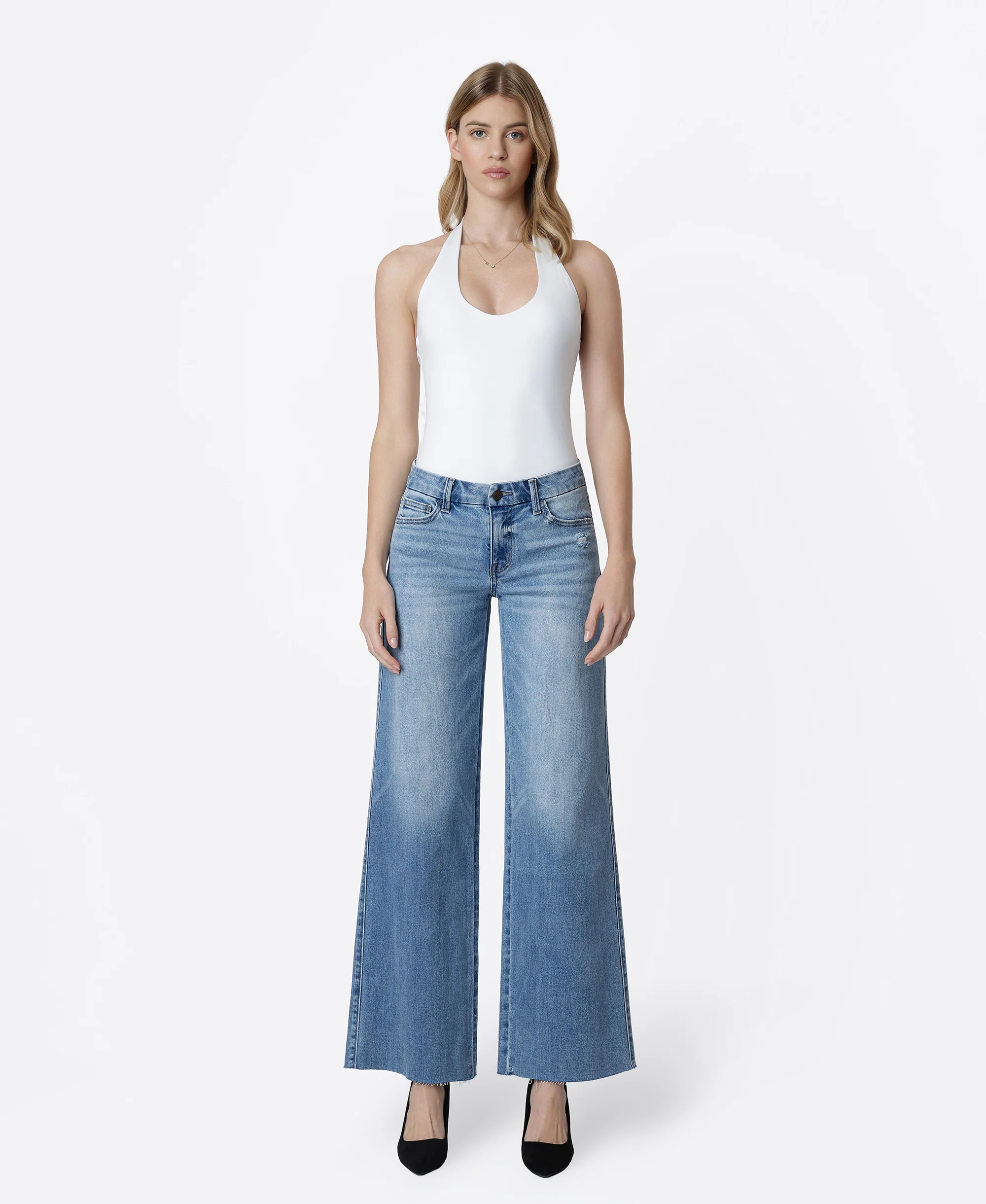 Vouchsafe - Mid Rise Clean Cut Raw Hem Wide Leg Jeans