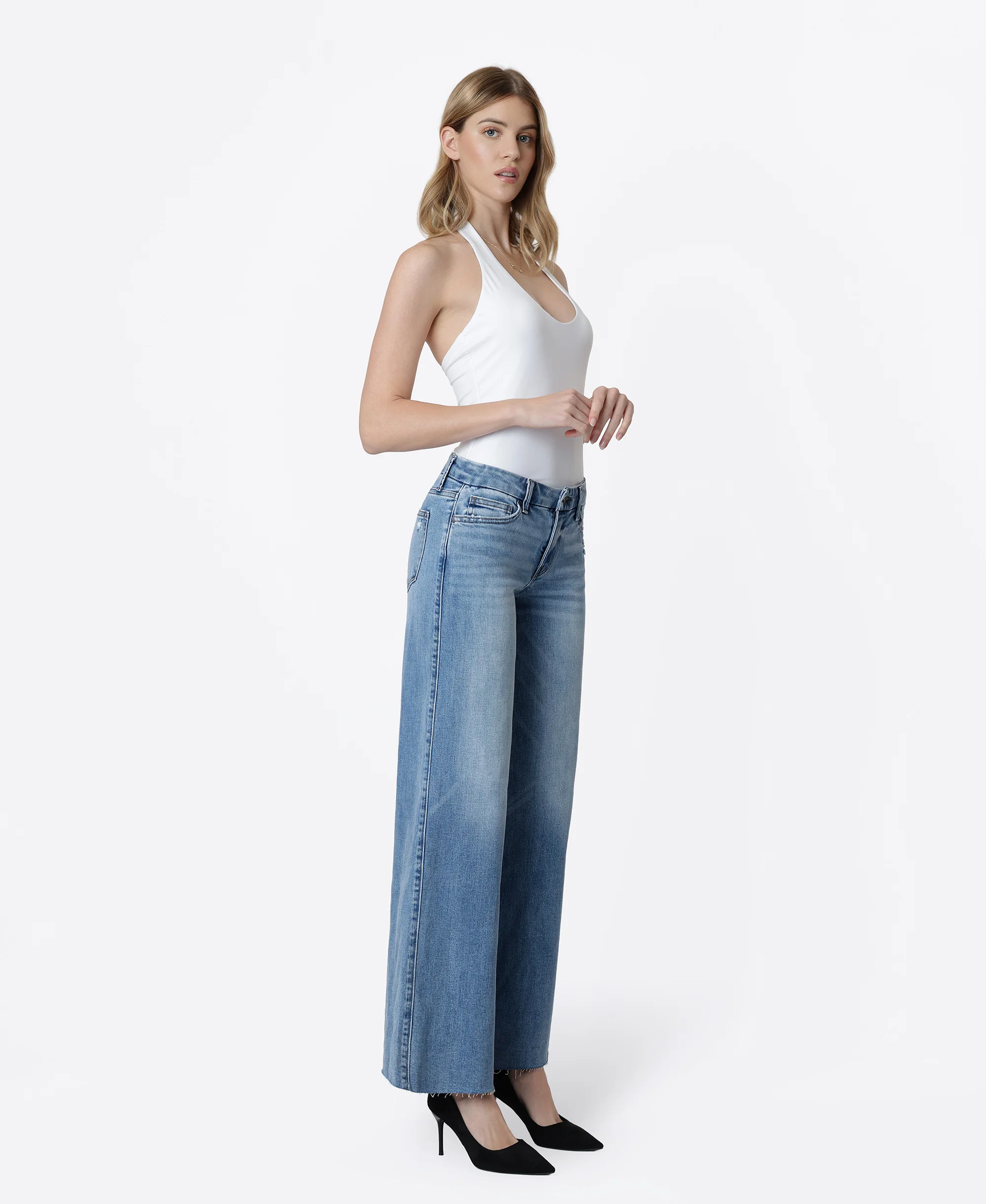 Vouchsafe - Mid Rise Clean Cut Raw Hem Wide Leg Jeans - Image 4